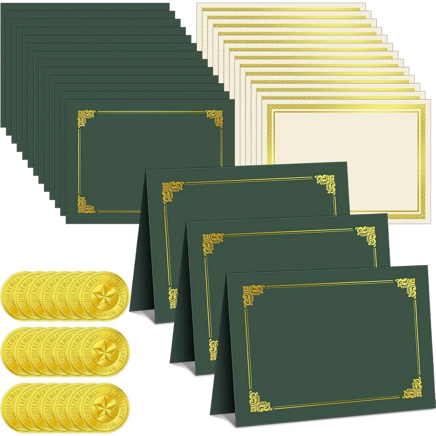 72 Pcs Certificate Kit Includes 24 Certificate Holders 24 Papers 24 Foil Award Seals Stickers Diploma Covers Graduation Competition Award Supplies (Green Gold)