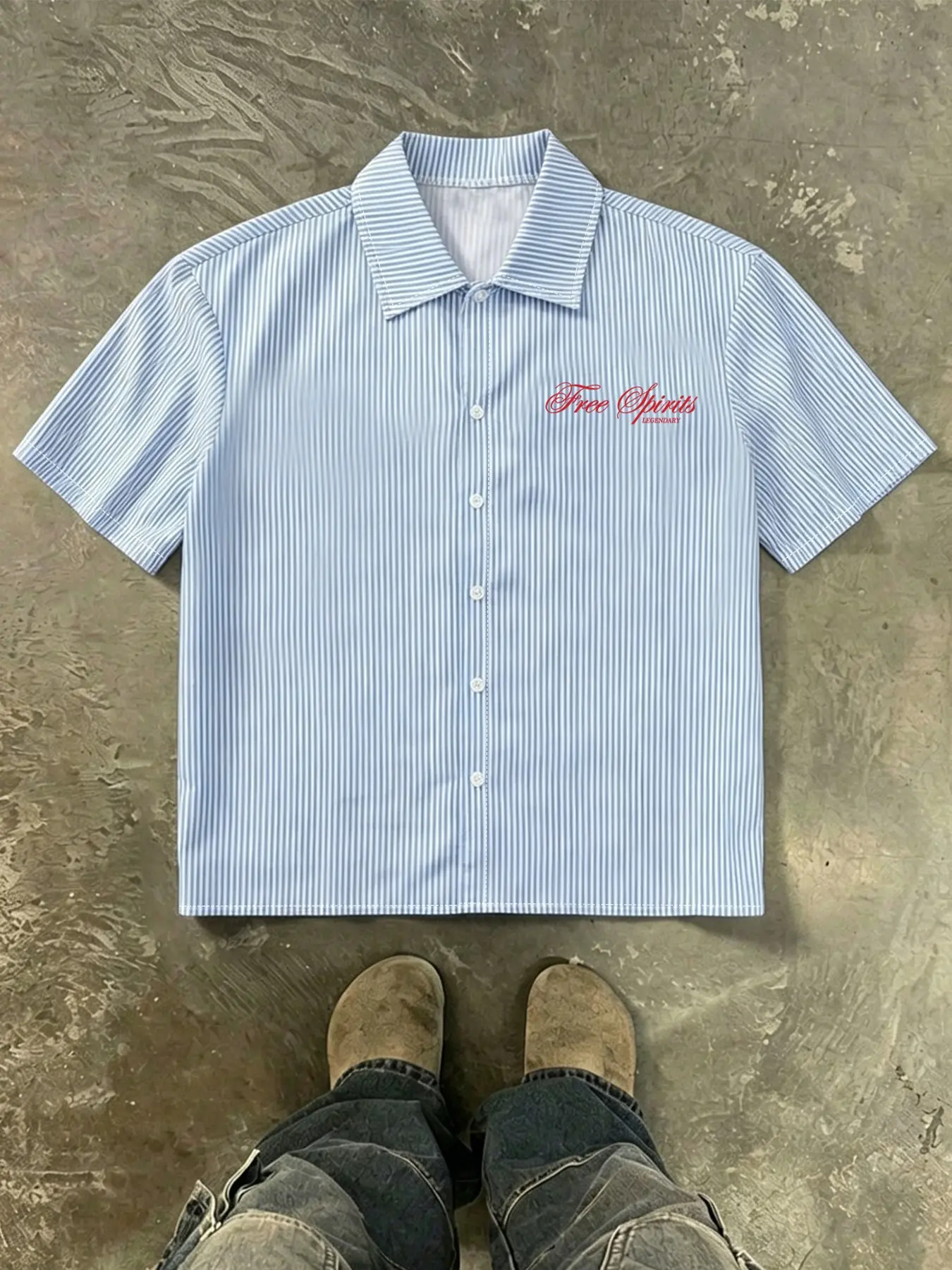 Men's Blue Striped Short Sleeve Shirt, Button Front, Casual Street Style, Versatile for Daily Wear