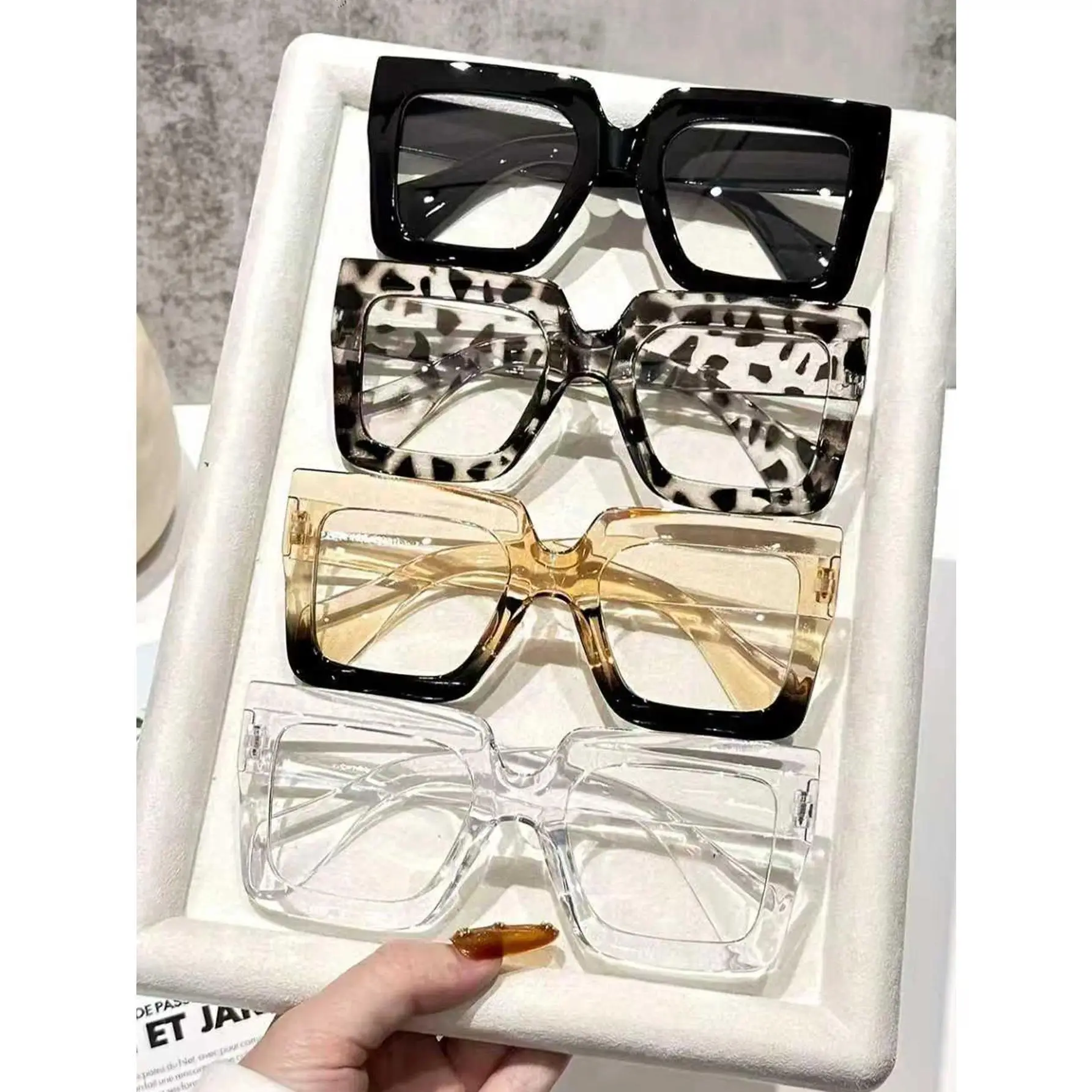 Non-Prescription Glasses Set Unisex 4-Pcs Oversized Rectangular Two-Tone Multicolor Plastic Frames Lightweight Comfortable Eyewear for Daily Holiday Styling