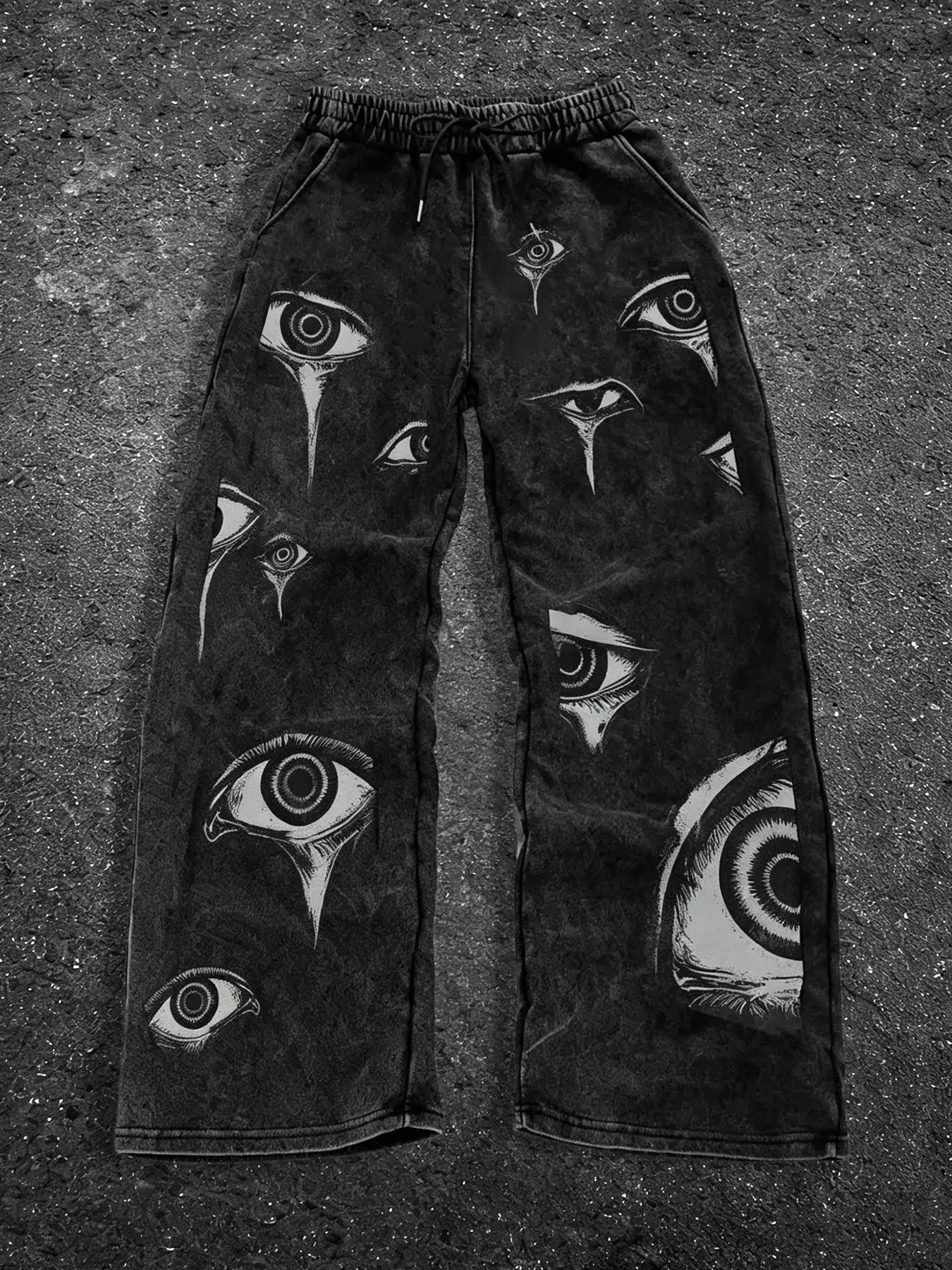 Elastic Drawstring Adjustable Wide Leg Sweatpants, Casual Fashion Bottoms, All Over Horror Eye Graphic Print Vintage Distressed Goth Streetwear Casual Trousers with Side Pockets