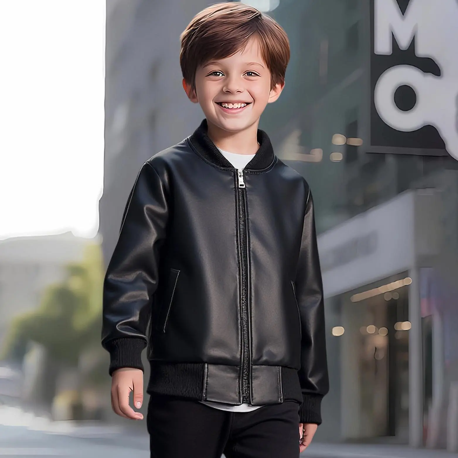 Boys Faux Leather Bomber Jacket, Kids Zip Up Motorcycle Jacket, Casual Lightweight Outerwear with Pockets, Ribbed Cuffs, Fall Winter Streetwear Coat for Boys