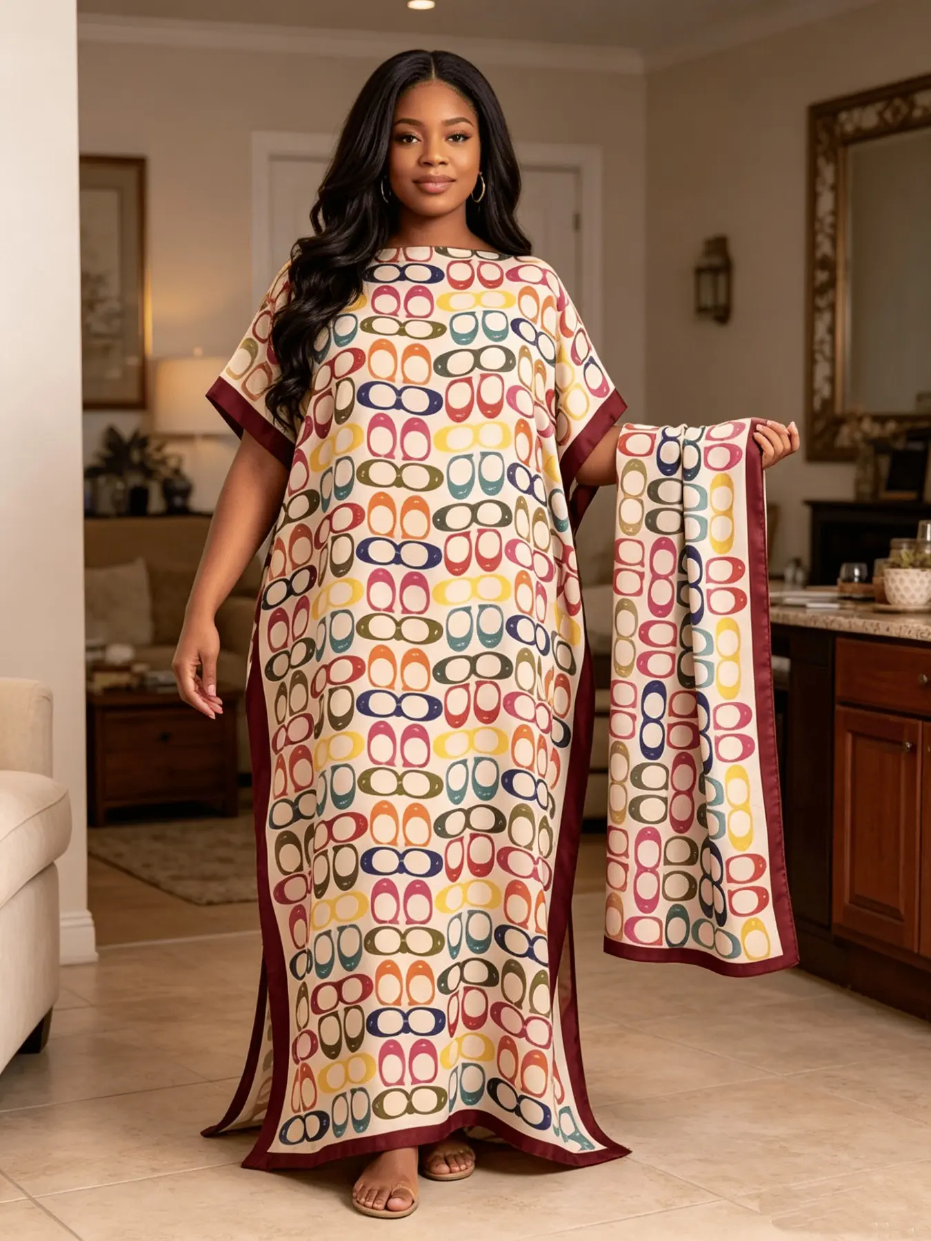 Black Base Gold Four-Leaf Clover Print Kaftan Two Piece Set With Matching Scarf, Oversized Split Hem Maxi Robe, Soft Casual Loungewear Beach Night Dress, Fits Plus Size Curvy Figures
