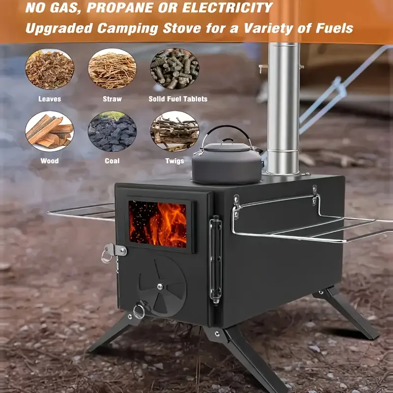 A camping cookware made of carbon steel, optional accessories included (including durable metal pot, frying pan, and kettle), Easy to carry and space-saving, suitable for outdoor backpacking, camping, picnics