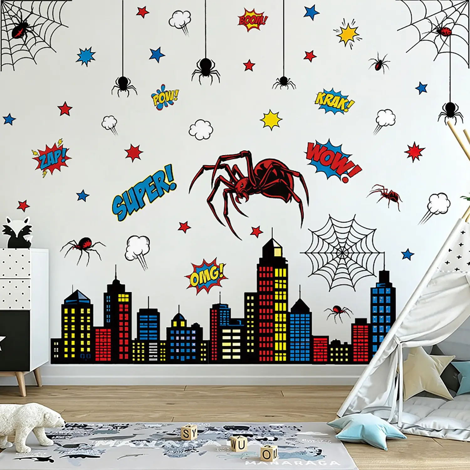 Large Spider Room Decor Stickers, Superhero Wall Decals, 49 Piece UV PVC DIY Removable Reusable Cartoon Stickers for Classroom, Bedroom, Playroom