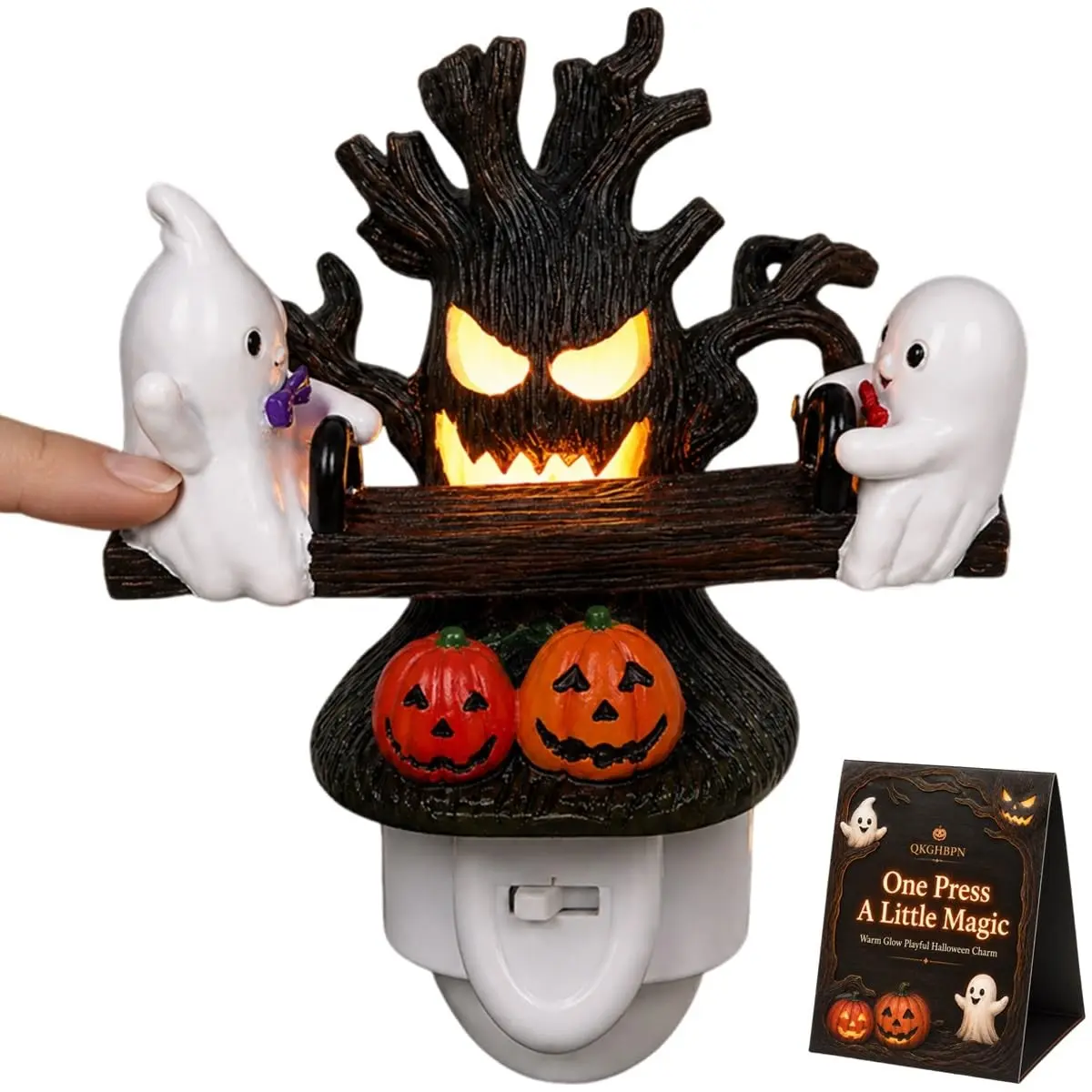 Friendly Ghosts Move up and Down for Playful Halloween Charm, Animated Seesaw Ghost Night Light, Holiday Decoration Lights, Festive Decoration, Manual Press Rocker Plug in Resin Wall Decor Glowing Tree Face Pumpkin Bedroom