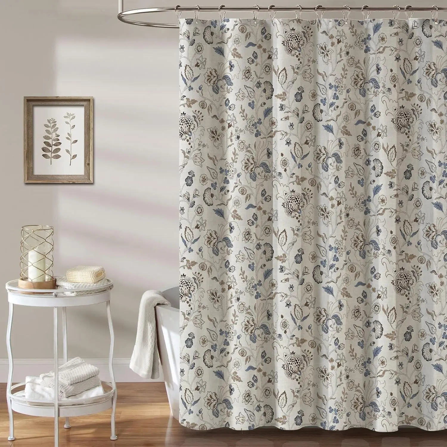 Vintage Farmhouse Linen Shower Curtain,Botanical Floral Toile Shower Curtain,Colorful Leaves Bath Curtains Shower,Boho Flower Plant Neutral Bathroom Decor (Vintage Flower Blue)