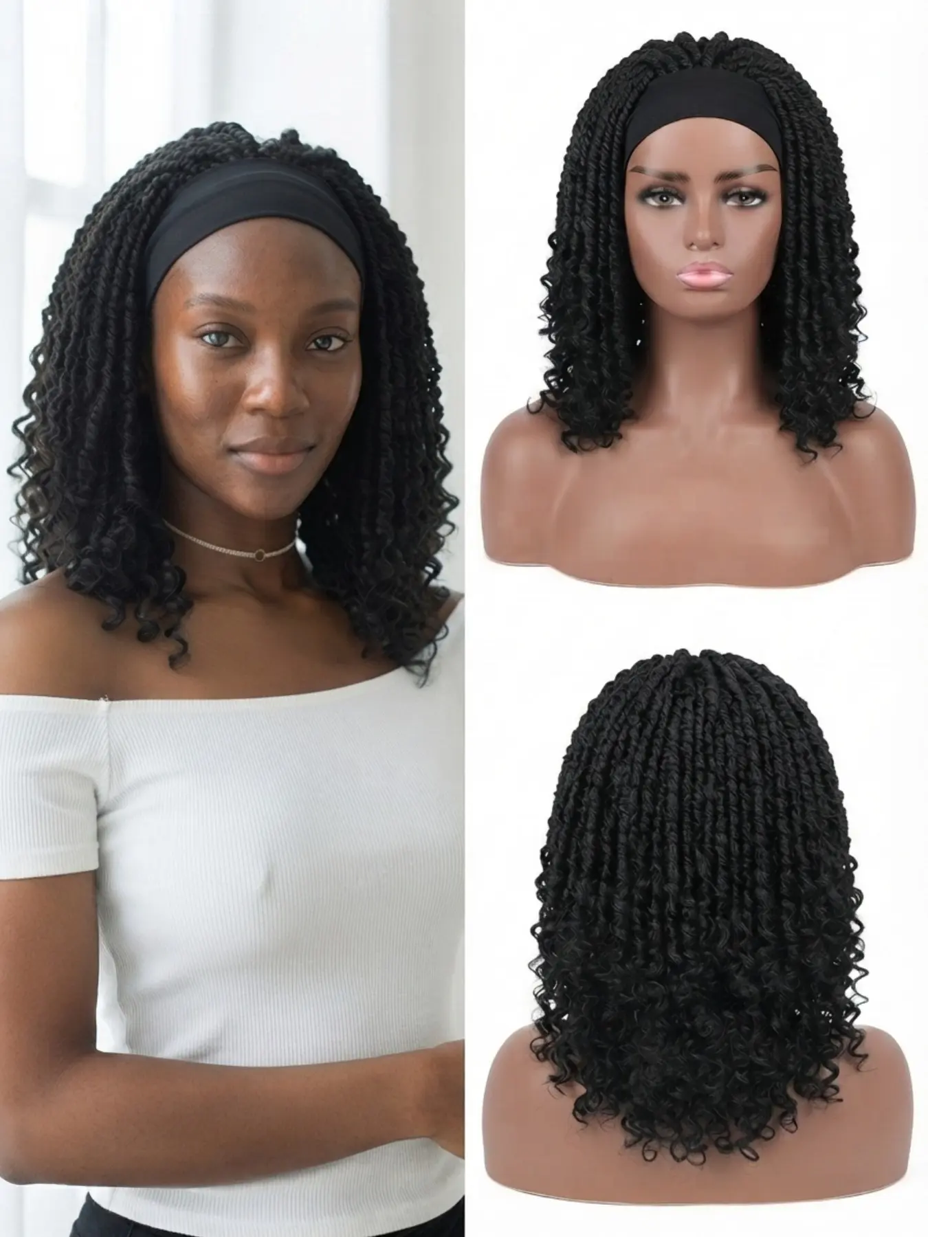 Headband Wig Faux Locs Dreadlocks for Women, Glueless Synthetic Boho Goddess Locs, Curly Ends Braided Wigs, Heat Resistant