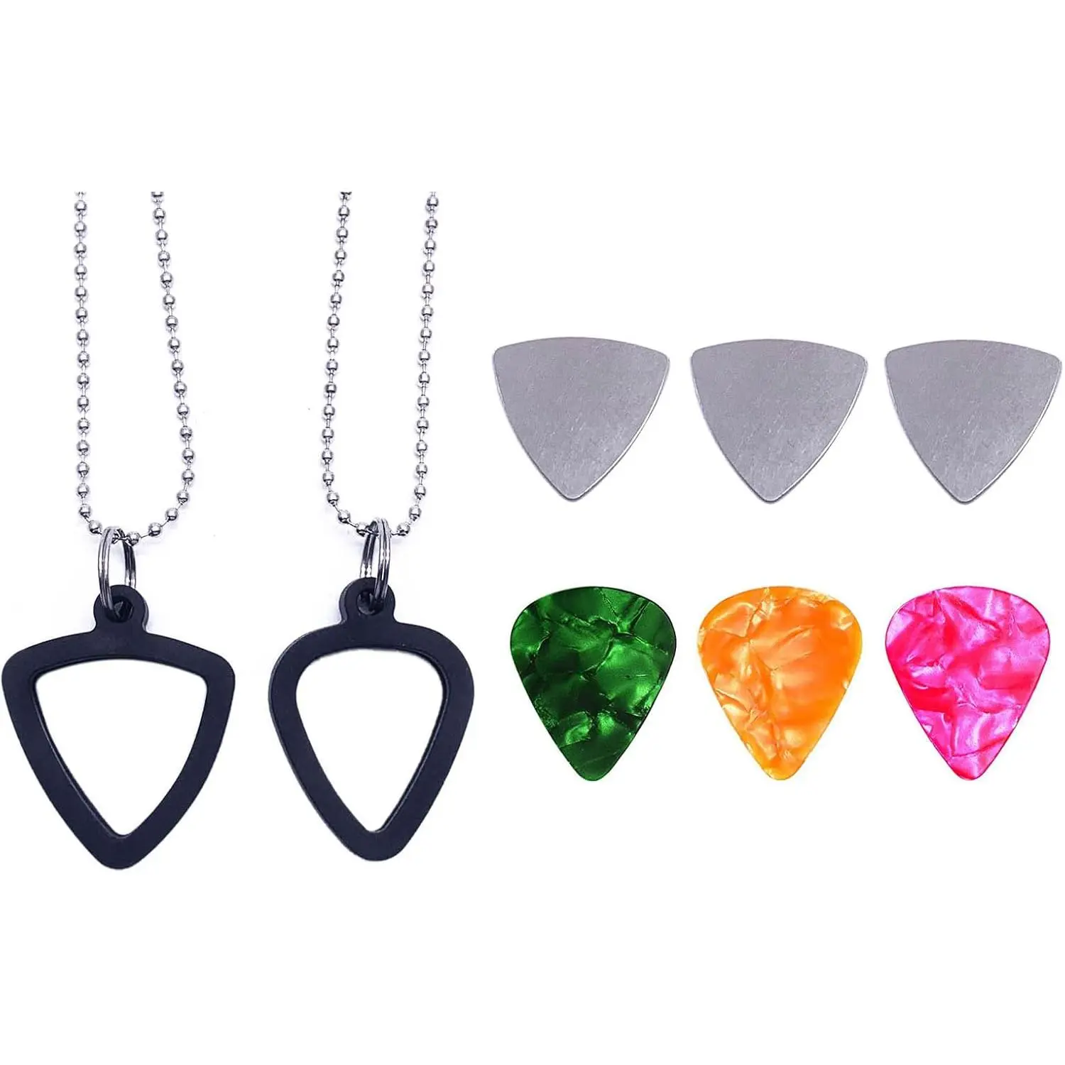 2 Set Guitar Pick Holder Necklace with 3 count Stainless Steel Picks 3 Colorful Celluloid Pick for Electric Guitar Bass Ukulele Guitarists Picks Storage Necklace