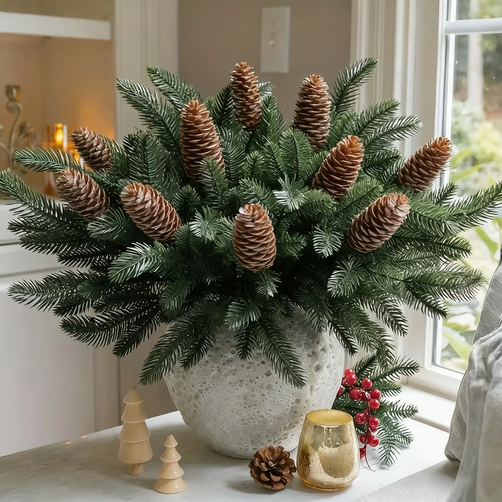 40pcs of Artificial Pine Branches Norfolk Stem Green Plant with Pine Cones
