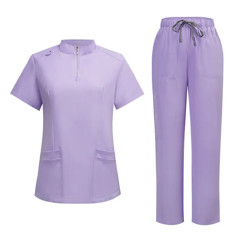 Unisex Surgical Scrubs Set with Stand Collar Zipper, Solid Color Doctor Nurse Operating Room Uniform, Soft Durable Straight Leg Pants Operating Room Work Uniform, Straight Leg Pants Medical Work wear Top Trousers