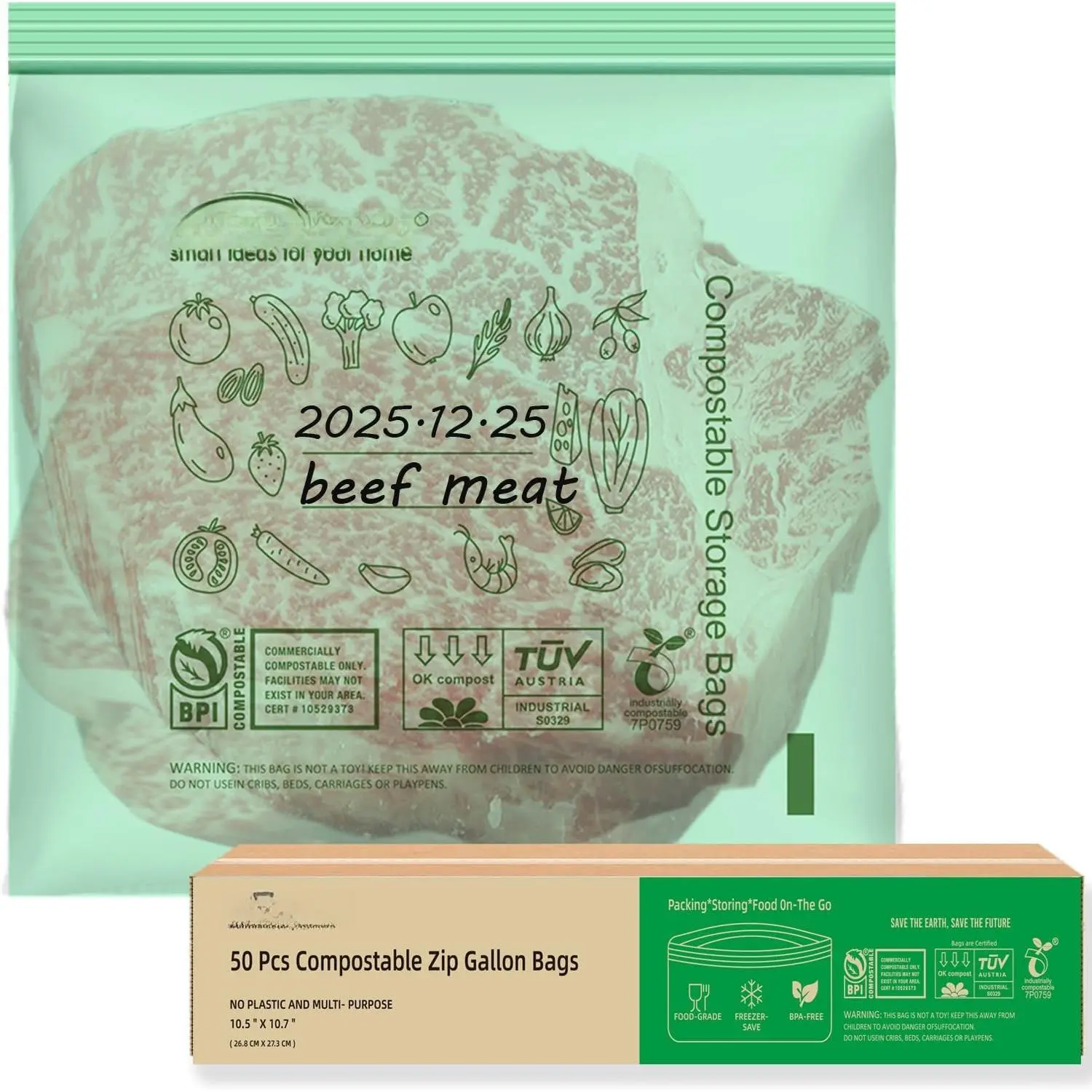 Compostable Gallon  Storage Freezer Bags, 50 Count | 2 Mil | 10.5" * 10.7", Freshness Easy Open ,  Reclosable Compost Zippper Bags