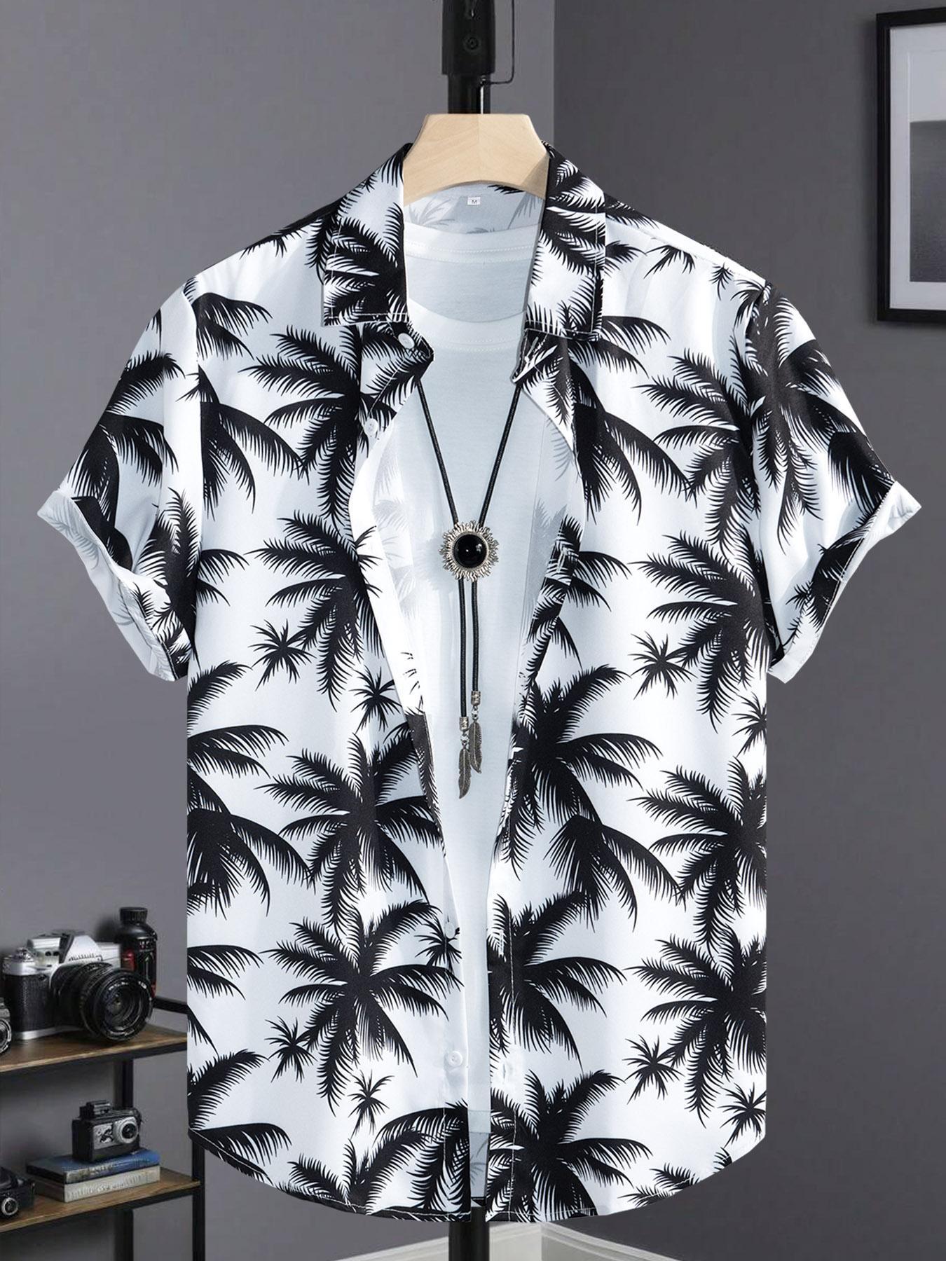 Men's All Over Tropical Palm Tree Print Button Front Shirt, Regular Fit Casual Printed Short Sleeve Collared Top for Summer, Men's Clothes for Beach Vacation