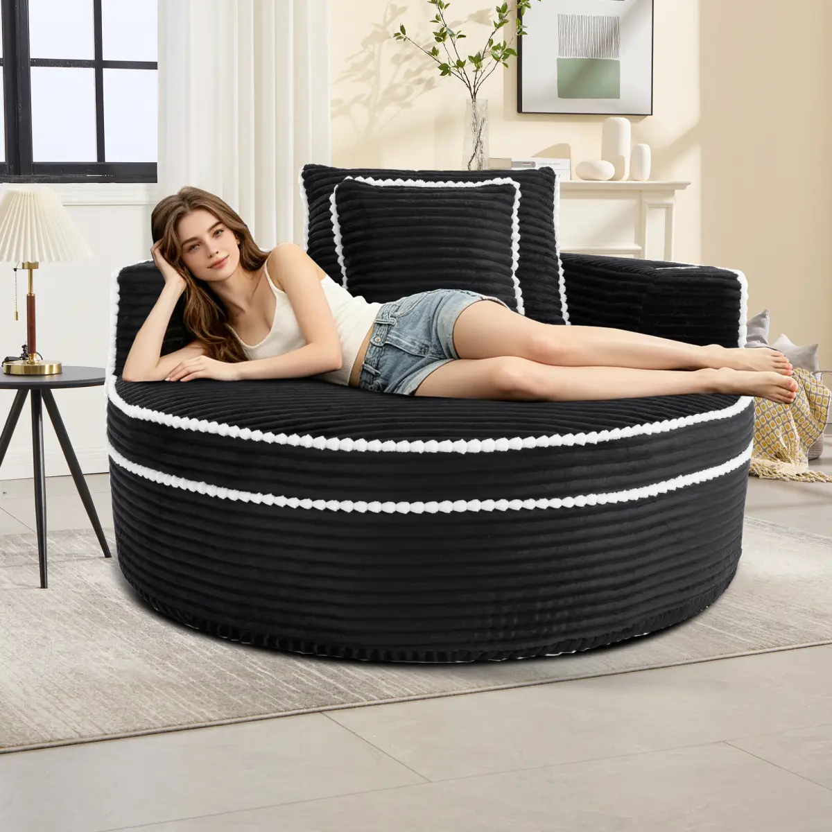 Round Cloud Couch - Memory Foam + Fiber Sectional Sofa Bed with 3 Pillows for Living Room, Black, Three Pillows
