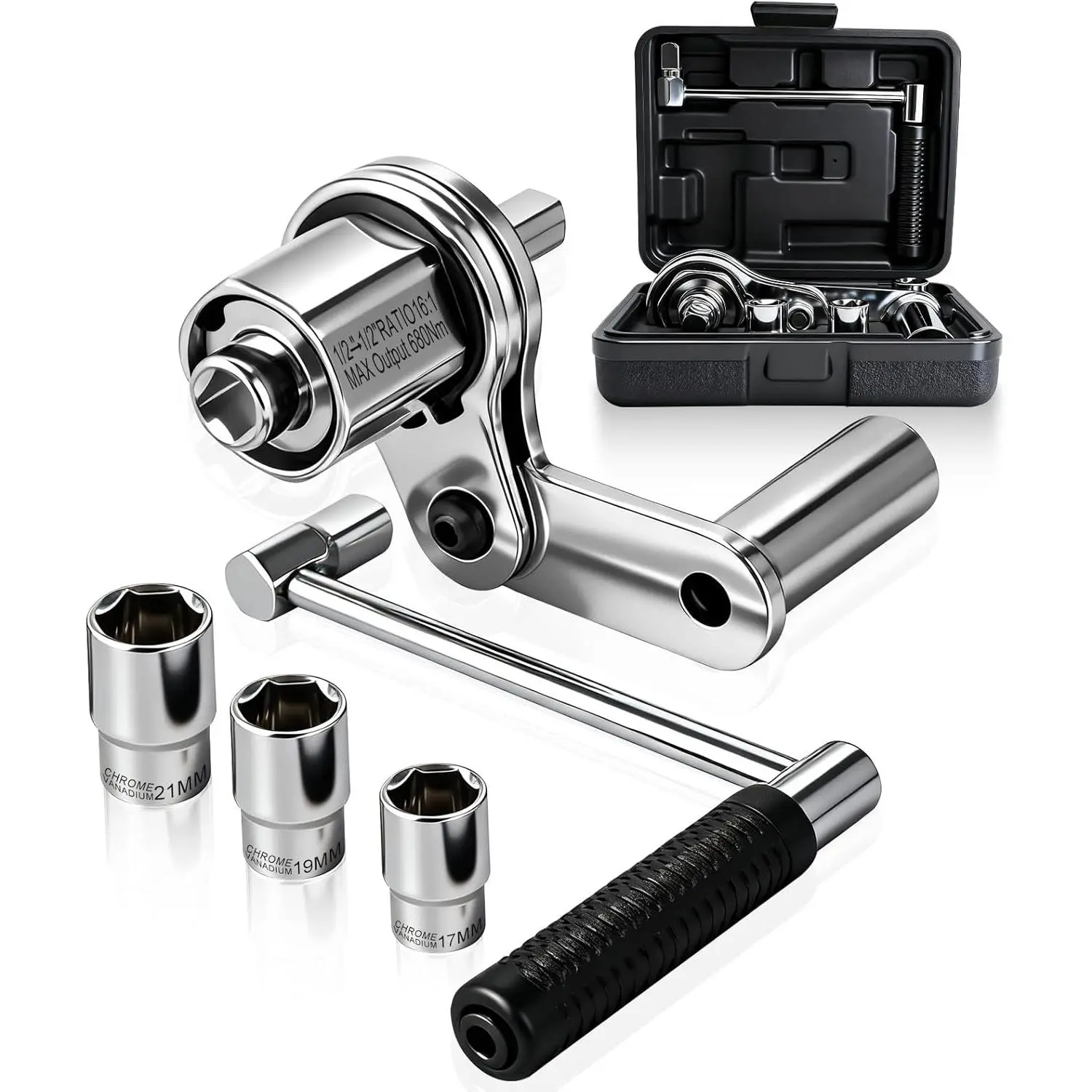 Torque Multiplier Wrench 1:16, Heavy Duty Lug Nut Remover Tool Set with 17mm 19mm 21mm Sockets, 1/2" Drive Labor Saving Tire Removal Tool for Tire Repair