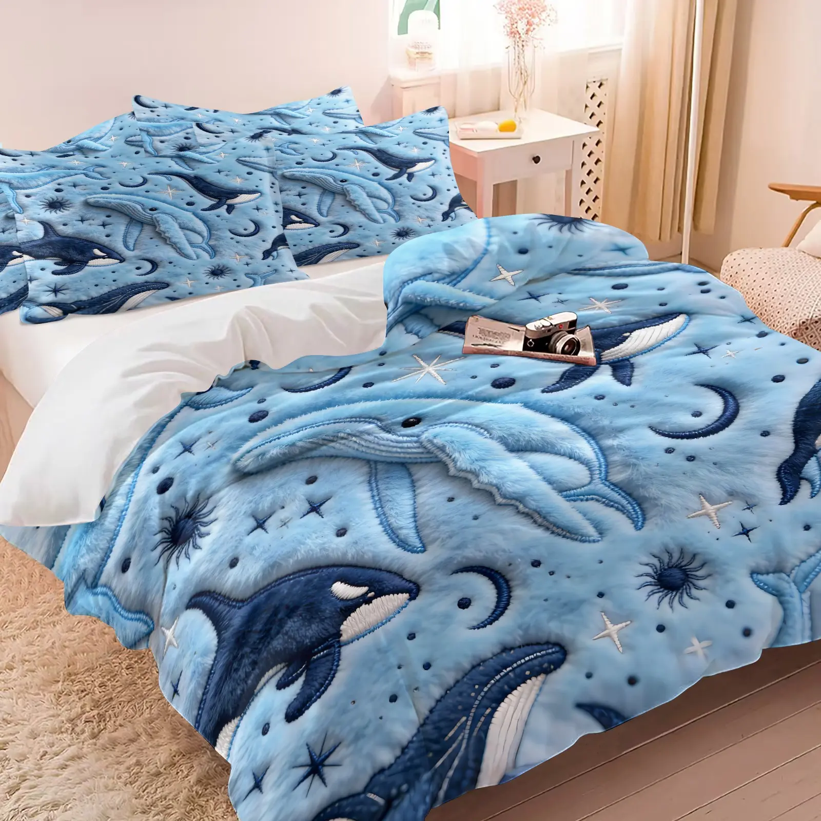 Nautical Blue Whale Print Duvet Cover Set, Printed Bedding Set, Includes 1 or 2 Pillowcases, Soft Comfortable Fabric, Suitable for All Seasons, Kids Bedroom Decor