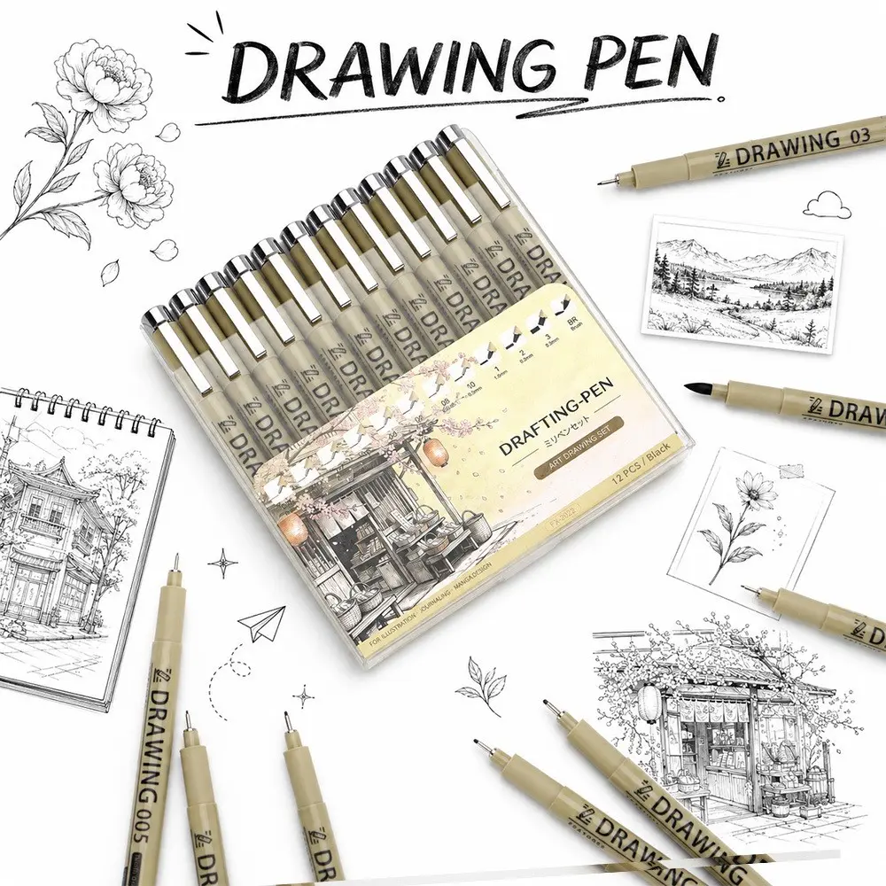 12-Piece Needle Pen Set, Vintage Style Waterproof Quick-Dry Ink Pens, Ideal for Students, Anime Drawing, Architecture Sketching