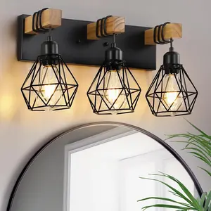 Farmhouse Vanity Light for Bathroom, 3-Light Wood Bathroom Vanity Light Fixtures Over Mirror, Rustic Sconces Wall Lighting with Metal Lampshade for Living Room, Bedroom, Hallway
