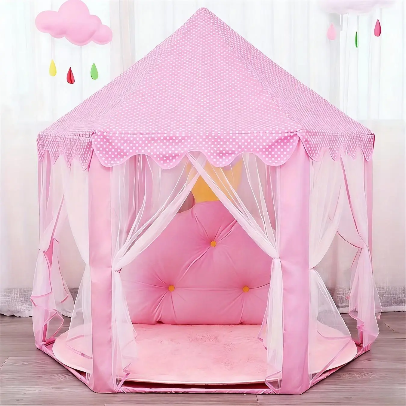 Girls' Large Polyester Unisex Princess Castle Play Tent - Star Spot Pattern, Dollhouse Design, 50" x 53" (D x H) for Indoor & Outdoor Kids' Play, Playhouse Design, Pretend Play Tent