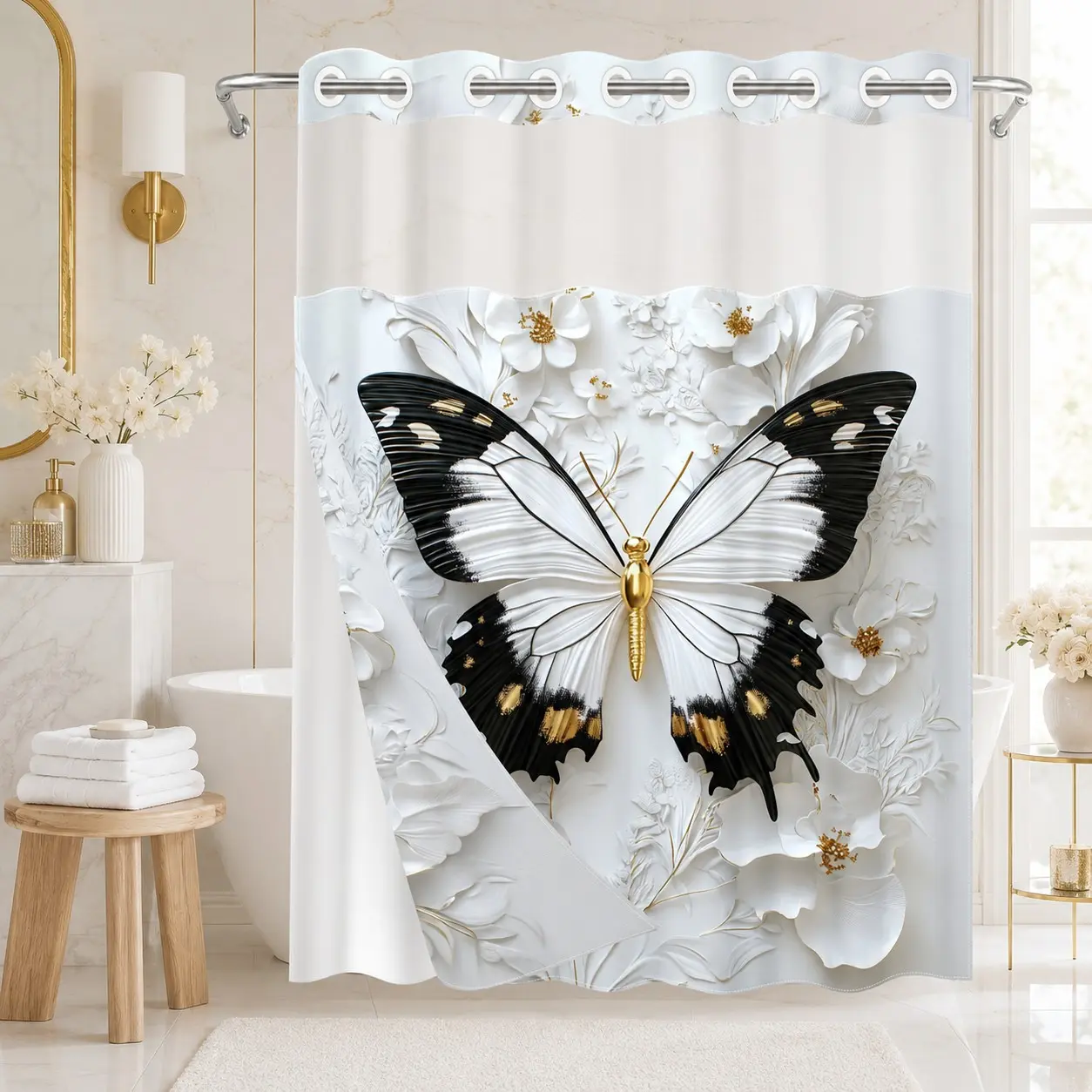 Hookless Double Layer Shower Curtain, No Hook Shower Curtain, Floral Shower Curtains For Bathroom, Pretty Shower Curtain, Black White Gold Floral Print, Water Repellent Washable Fabric, Removable Snap-in Liner, Top See-Through Window, Apartment, Hotel, RV