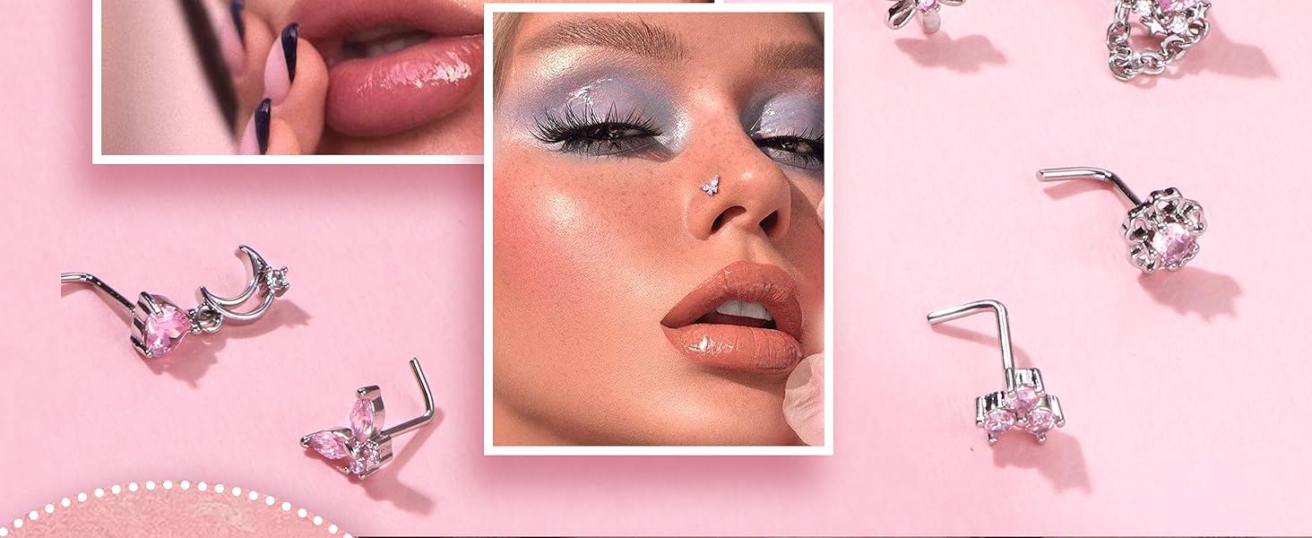 Fansilver 12PCS 20G Nose Rings Surgical Stainless Steel L Shaped Nose Studs for Women Men CZ Heart Butterfly Flower Leaf Moon Dangle Cute Nose Piercings Studs Screw Jewelry Pink