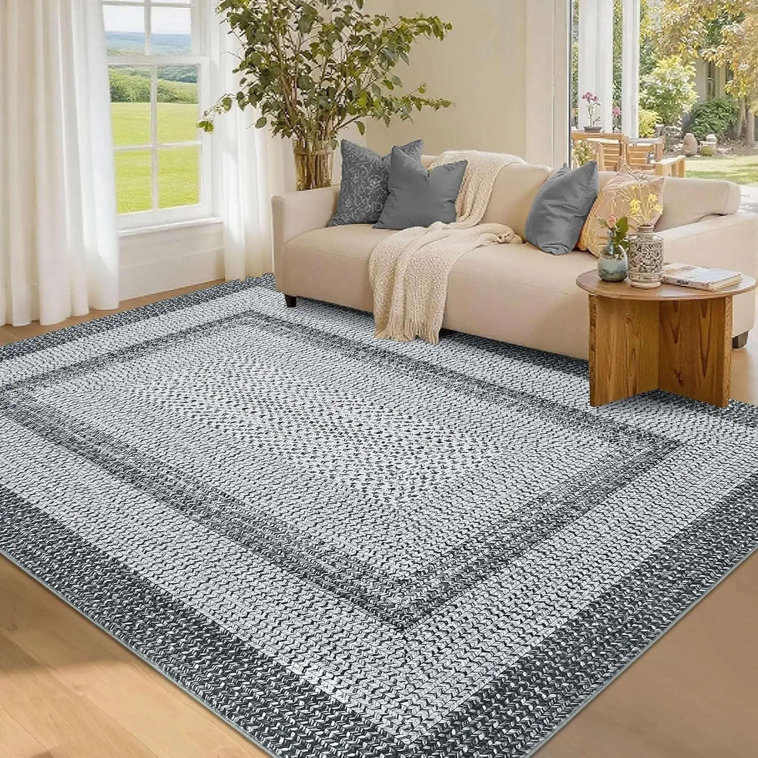 Indoor Jumbo Plush Area Rug - High Traffic Luxurious Gabbin Weave Carpet, Washable Anti-Skid High Density Polyester Rug with Enhanced Thickness, Foldable for Large Living Room, Machine Wash