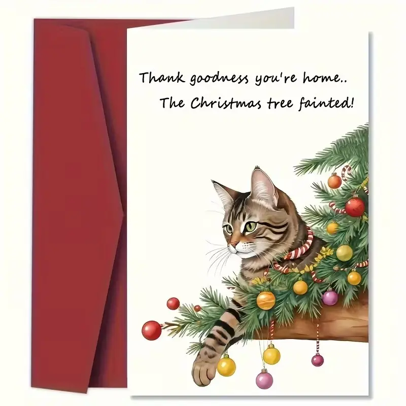 Funny Cat Christmas Card The Christmas Tree Fainted Humorous Holiday Greeting Card Cute Cat Lover Gift Idea for Friends Family Pet Lovers Secret Santa Blank Inside with Envelope