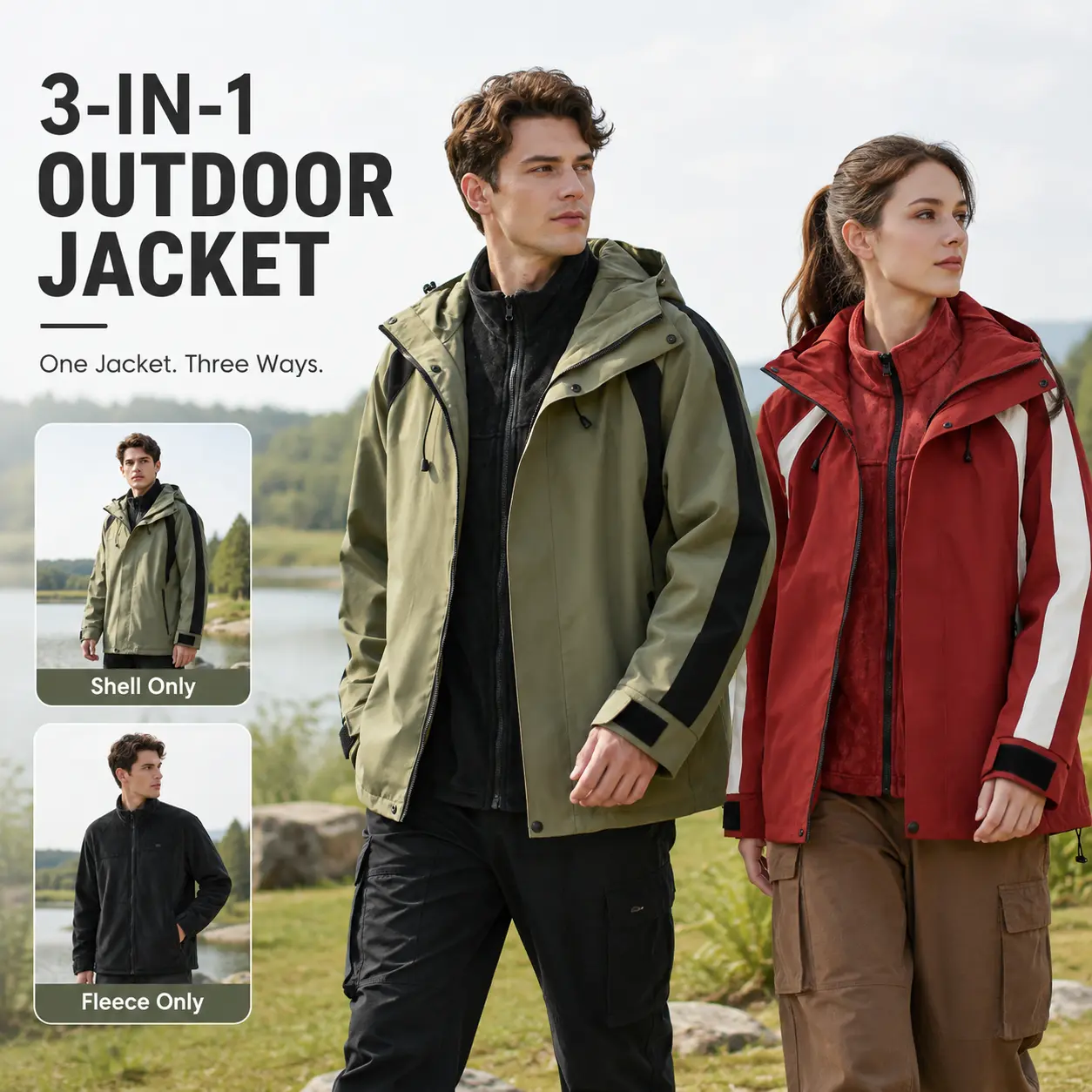 Unisex 3-in-1 Mid-Length Relaxed Outdoor Jacket - Detachable Fleece Liner, Water-Resistant, Wind-Resistant Hooded Winter Coat for Hiking, Camping