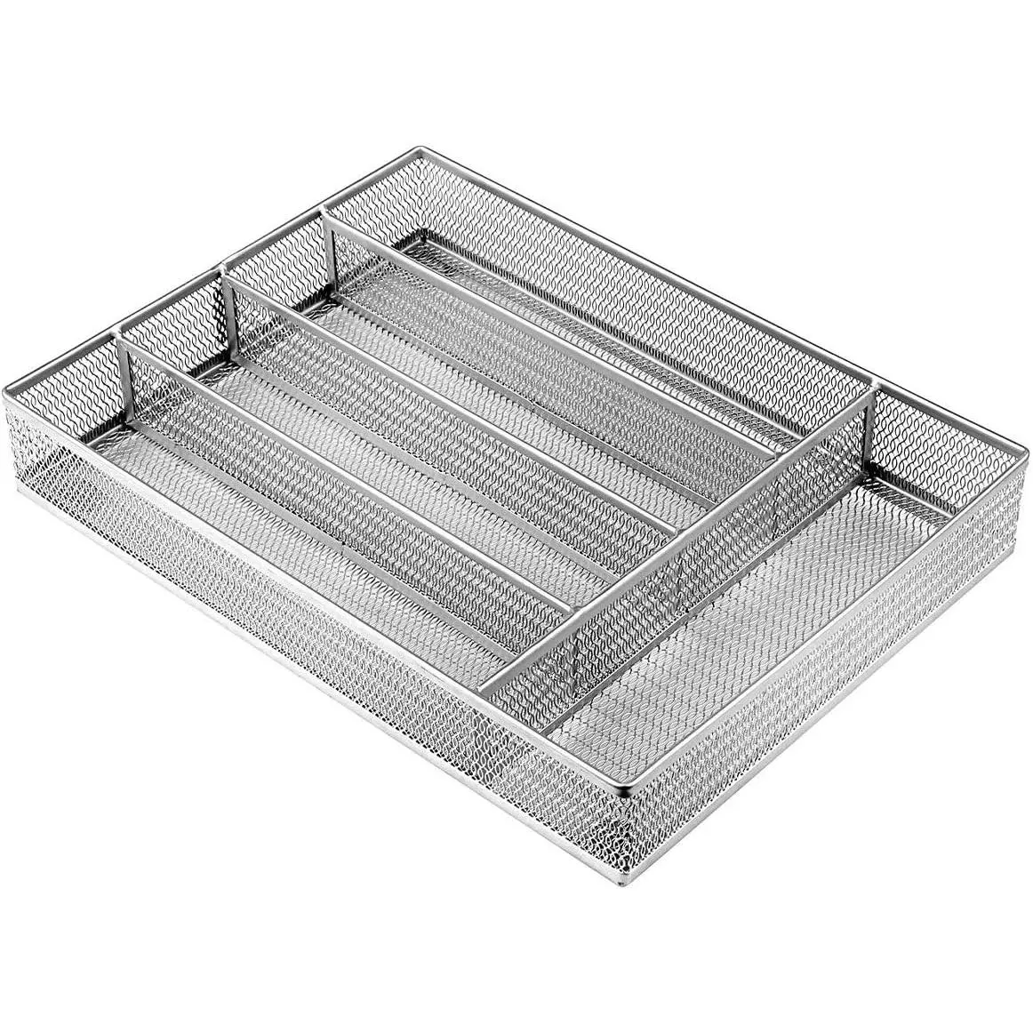 Drawer Organizer, Cutlery Tray Silverware Flatware Storage Divider for Kitchen, Mesh Wire with Non-slip Foam Feet, 5 Component, Silver