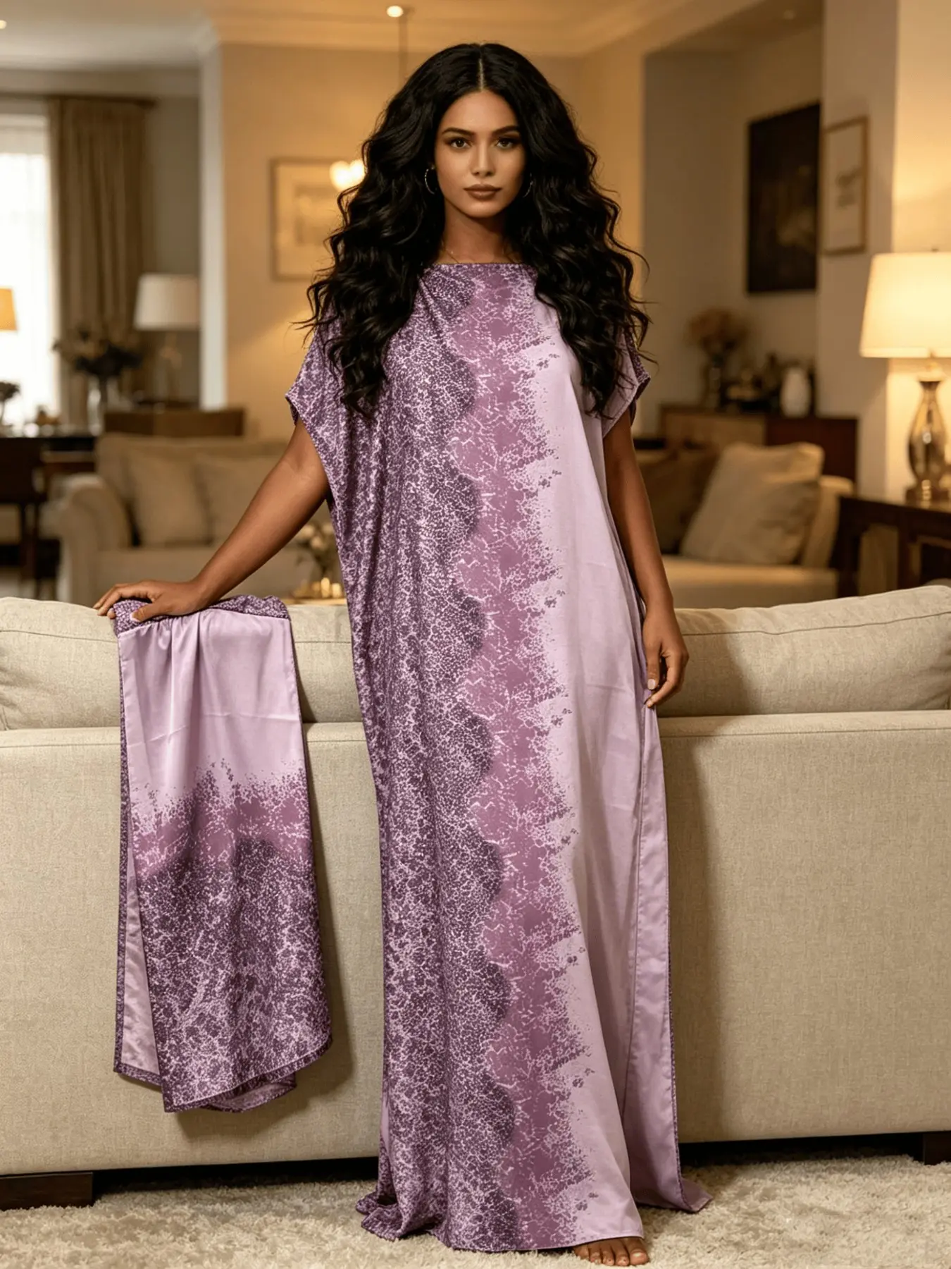 Women's Lavender Gradient Paisley Vertical Print Maxi Kaftan Dress with Matching Headscarf 2 Piece Set, Boho Caftan Style, Silky Satin Loose Batwing Beach Kaftans Cover Up, Plus Size Loungewear Nightgown Pajama for Resort Pool Home Sleepwear