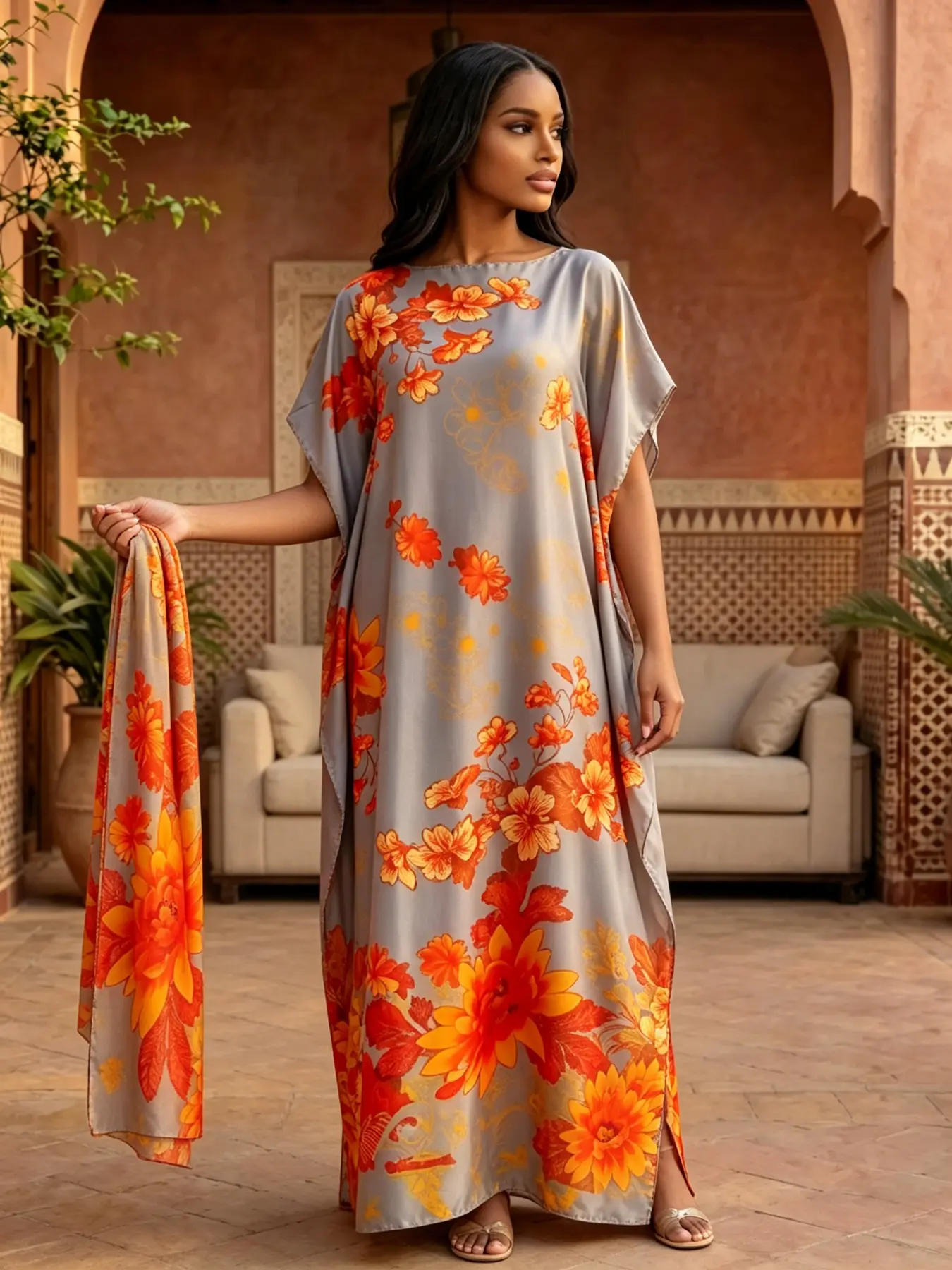 Women's Plus Size Silk Satin Two-Piece Kaftan Set, Base Peony Print, Loose-Fit, Casual, Home, Hotel, Beach, Party Wear, Kaftan Dresses