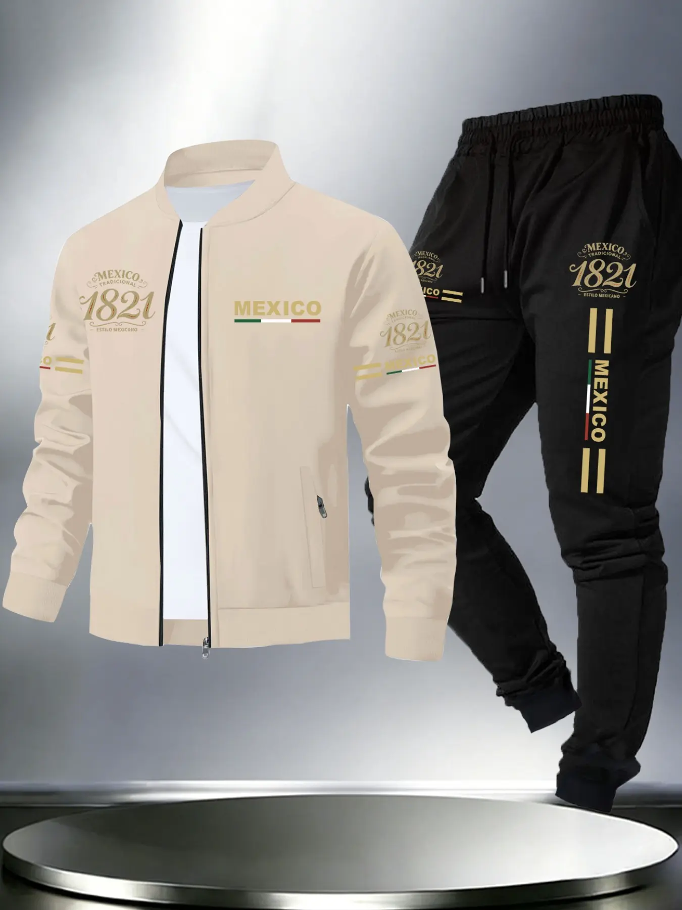 Men’s Mexico 1821 Print 2-Piece Tracksuit - Zip-Up Bomber Jacket & Jogger Pants Set, Casual Streetwear Outfit for Everyday & Sports