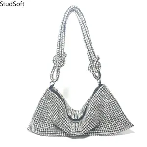 Rhinestone Evening Clutch Bag Luxury Knotted Hobo Purse Silver Glitter Underarm Handbag Sparkly Crystal Crescent Shoulder Pouch for Party Clubwear