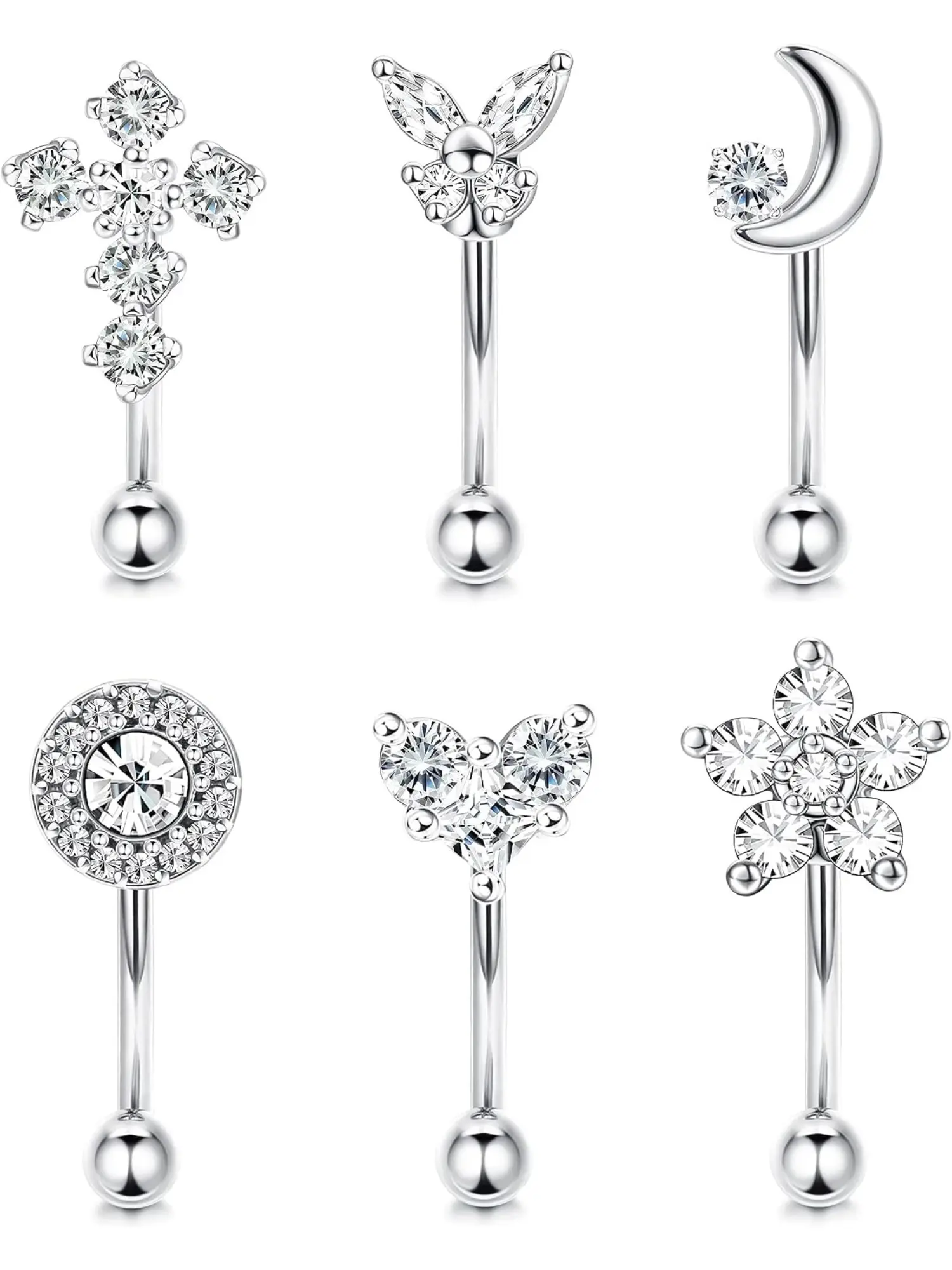 6Pcs Women 16G Stainless Steel Multi-Piercing Jewelry Set, 8mm Bar CZ Inlaid Rook Daith Eyebrow Belly Lip Tragus Cartilage Surface Studs