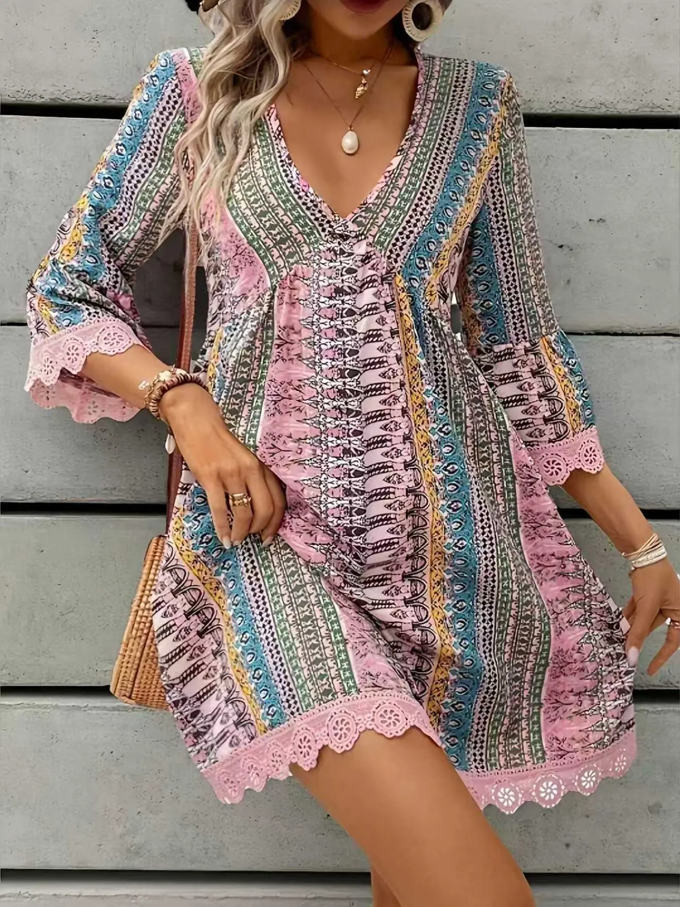 Bohemian Style Women's Dress, Summer French Vintage Luxury V Neck Short Sleeve Print Lace Hem, Boho Printed Dress, Perfect for Vacation and Elegant Events, Comfortable and Fashionable