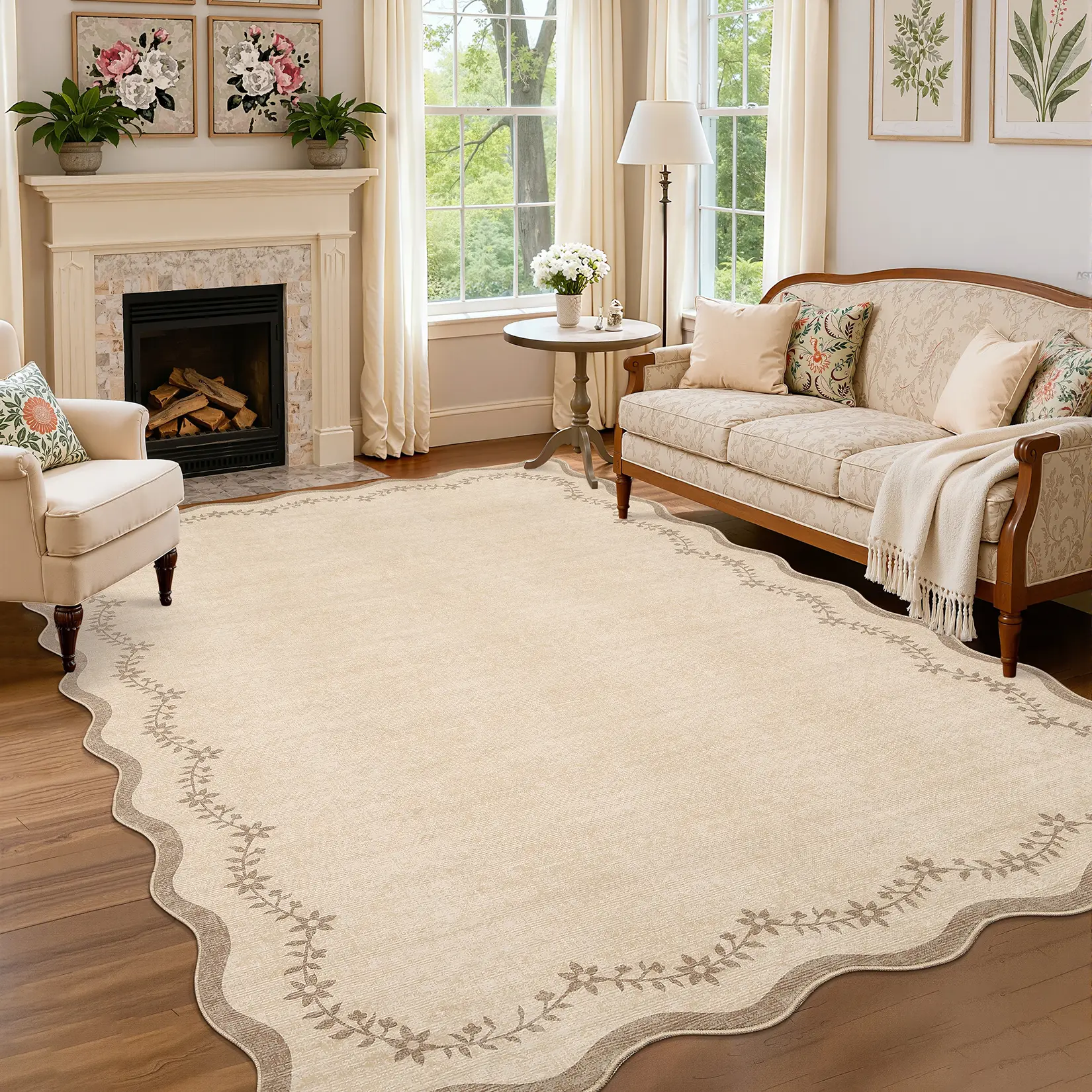 Solid Color Fan-Shaped Area Rug with Minimal Border, Large Size Ultra Soft Non-Shedding Stain-Resistant Non-Slip Machine Washable Decor Rug for Living Room, Dining Room, Bedroom & Kids Room mat
