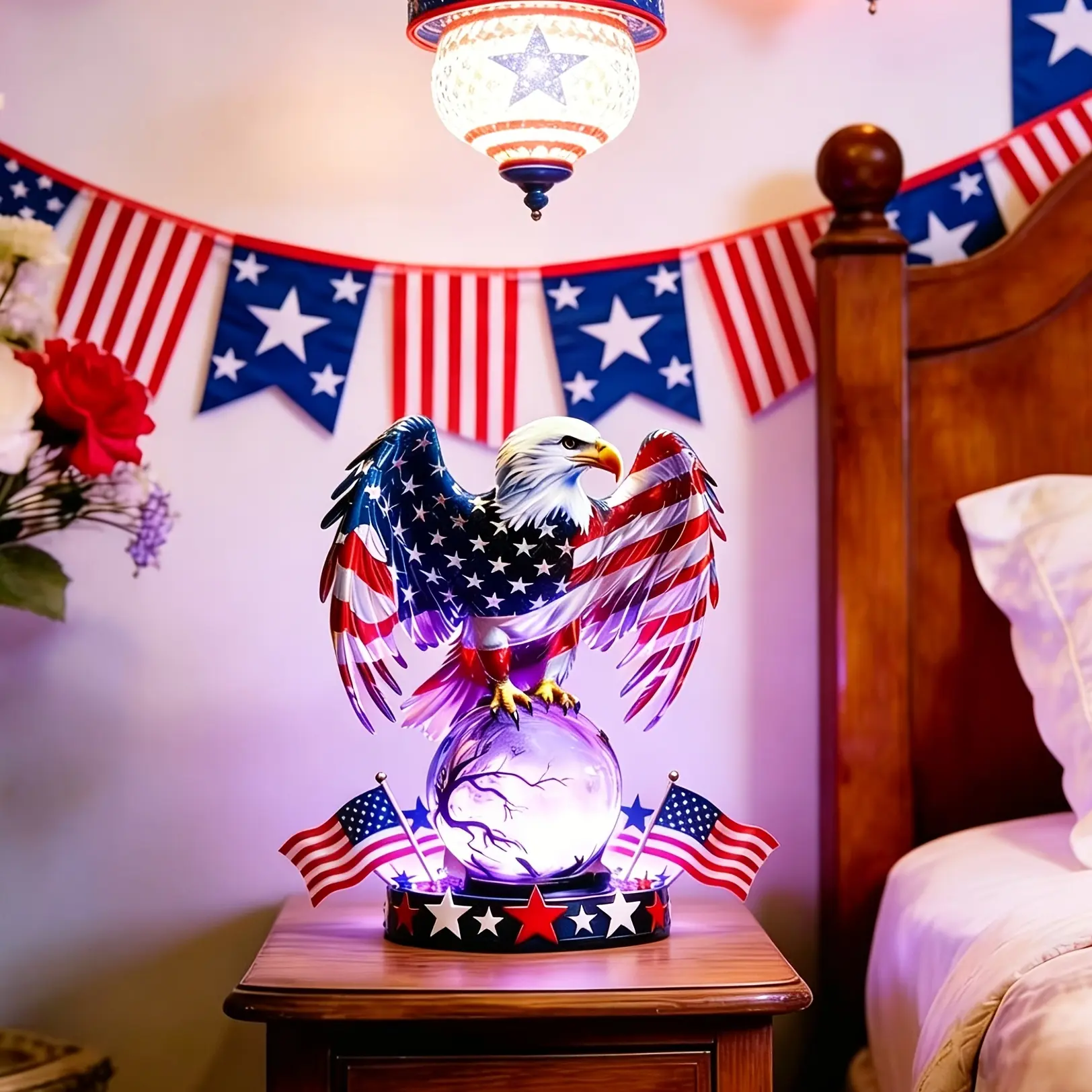 3D Eagle Statue Independence Day Day & Night Light, Vibrant Red/Blue/White Resin USB Powered Plug-in Desktop Lamp, Ideal for Desk Bedroom Home Art Decor, Patriotic Theme Gift for Eagle Enthusiasts