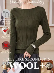 2026 Fall Winter/2027 Spring New Upgraded Women's Camellia Crew Neck Worsted Wool Sweater with Fine Merino Wool & Mulberry Silk, Seamless Knit, Machine Washable Anti-Pilling, Slim Soft, Breathable Skin-Friendly, Versatile Premium Casual Elegant Sexy.