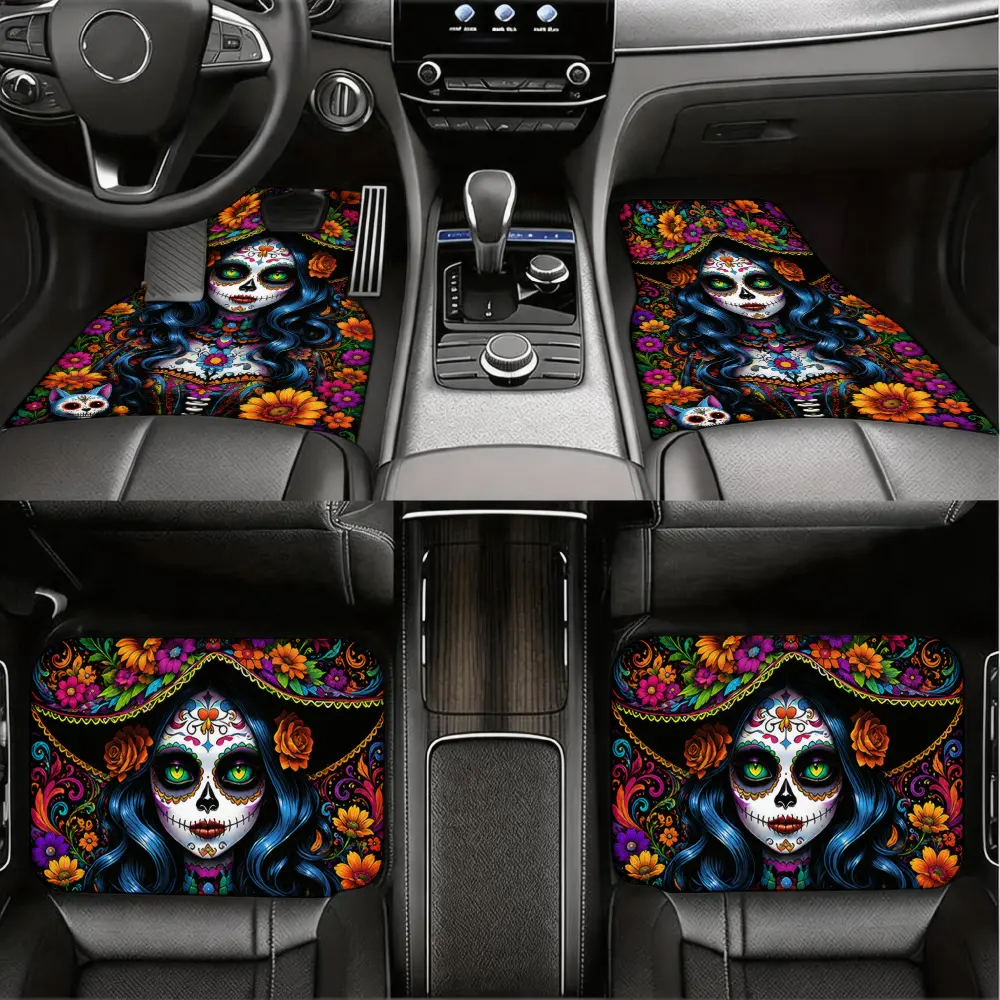 Mexican Style, Car Floor Mats, Sugar Skull And Floral Pattern, Non-Slip Rubber Backing, Universal Fit For Most Cars, 4 Piece Set