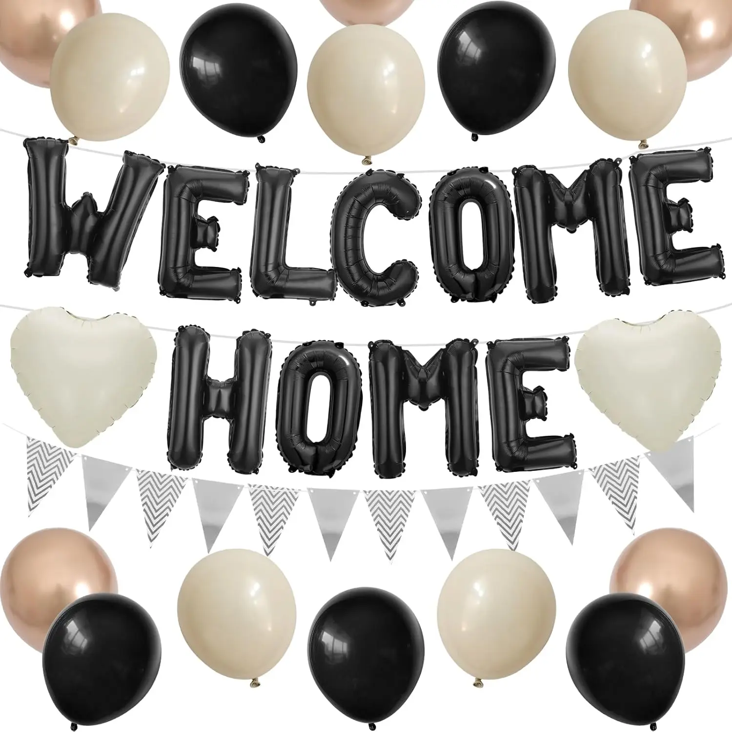 Welcome Home Decorations Black White Gold,Black Welcome Home Foil Balloon Banner with Sand White Heart Balloons Pennant Flag Bunting for Housewarming Shower Family Party Supplies