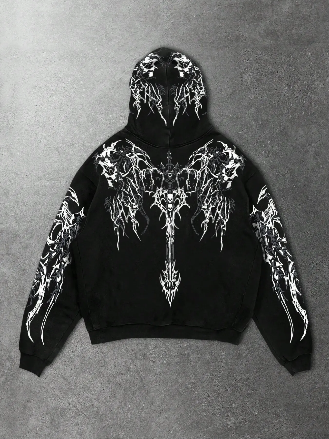 Vintage Dark Gothic Thorn Skull Giant Sword All Over Print Cropped Hoodie, American High Street Heavy Metal Rock Washed Distressed Hooded Sweatshirt, Streetwear Loose Drop Shoulder Unisex Top, Matching Couple Street Outfit
