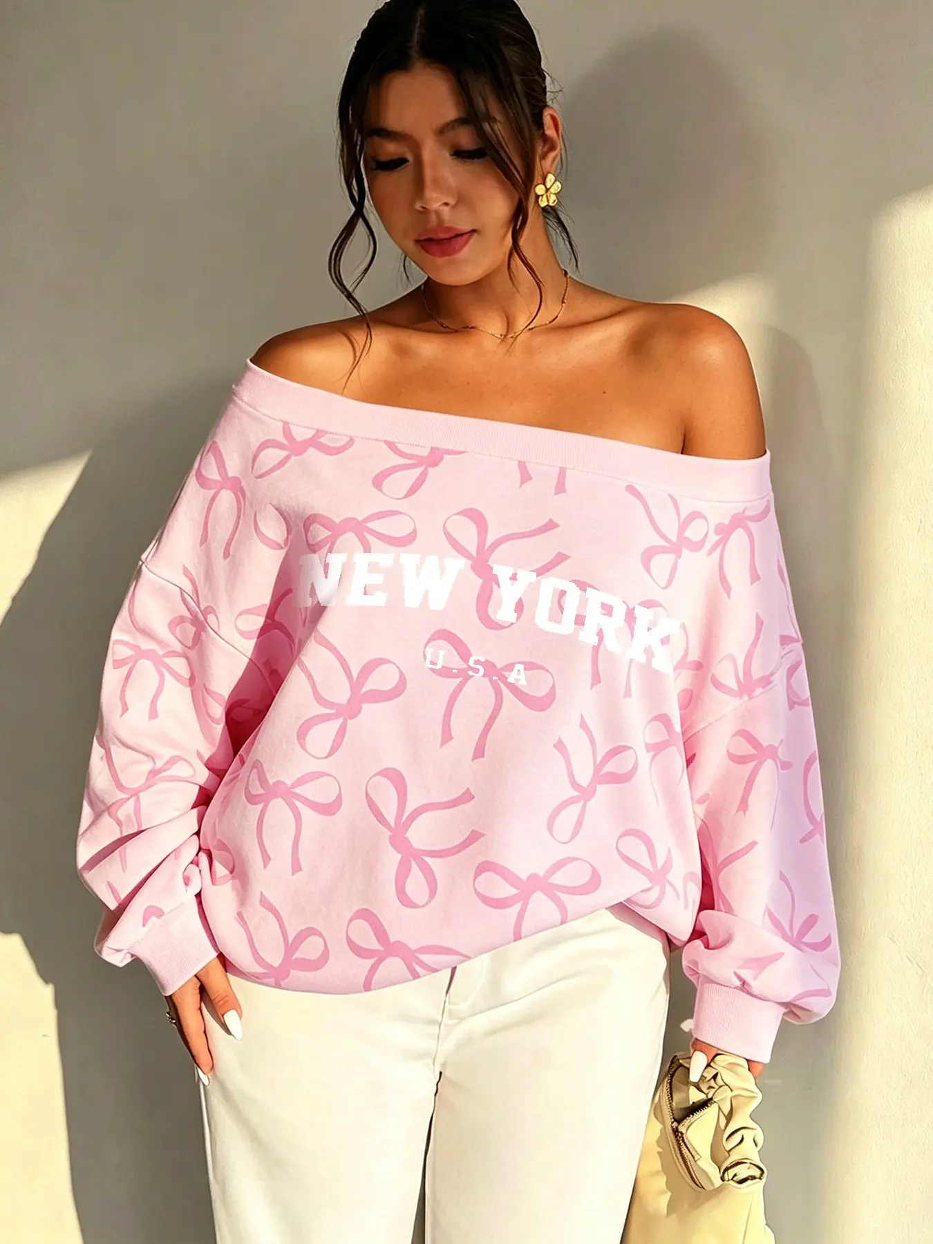 Women's One-Shoulder Sweatshirt, Cute Bow Print, Loose Fit, Casual Streetwear, Comfortable and Versatile, Spring & Fall