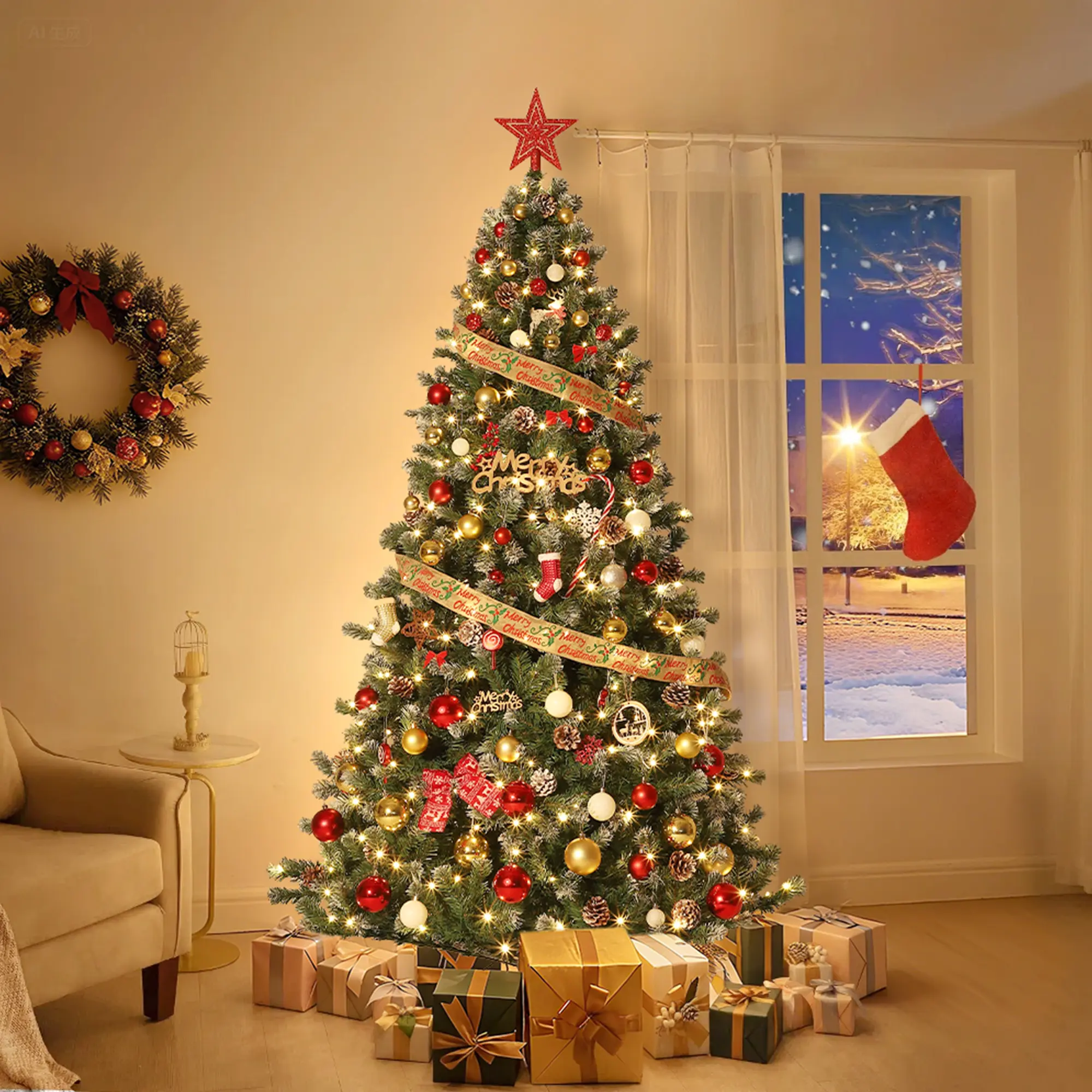Pre-Lit Flocked Artificial Christmas Tree - Pine Cones, Snowy Effect, Metal Hinged Sections, Collapsible Stand, 1000 PVC Hints - Realistic Xmas Tree for Home, Office, Party Holiday Decor - 4.5ft, 6ft, 9ft