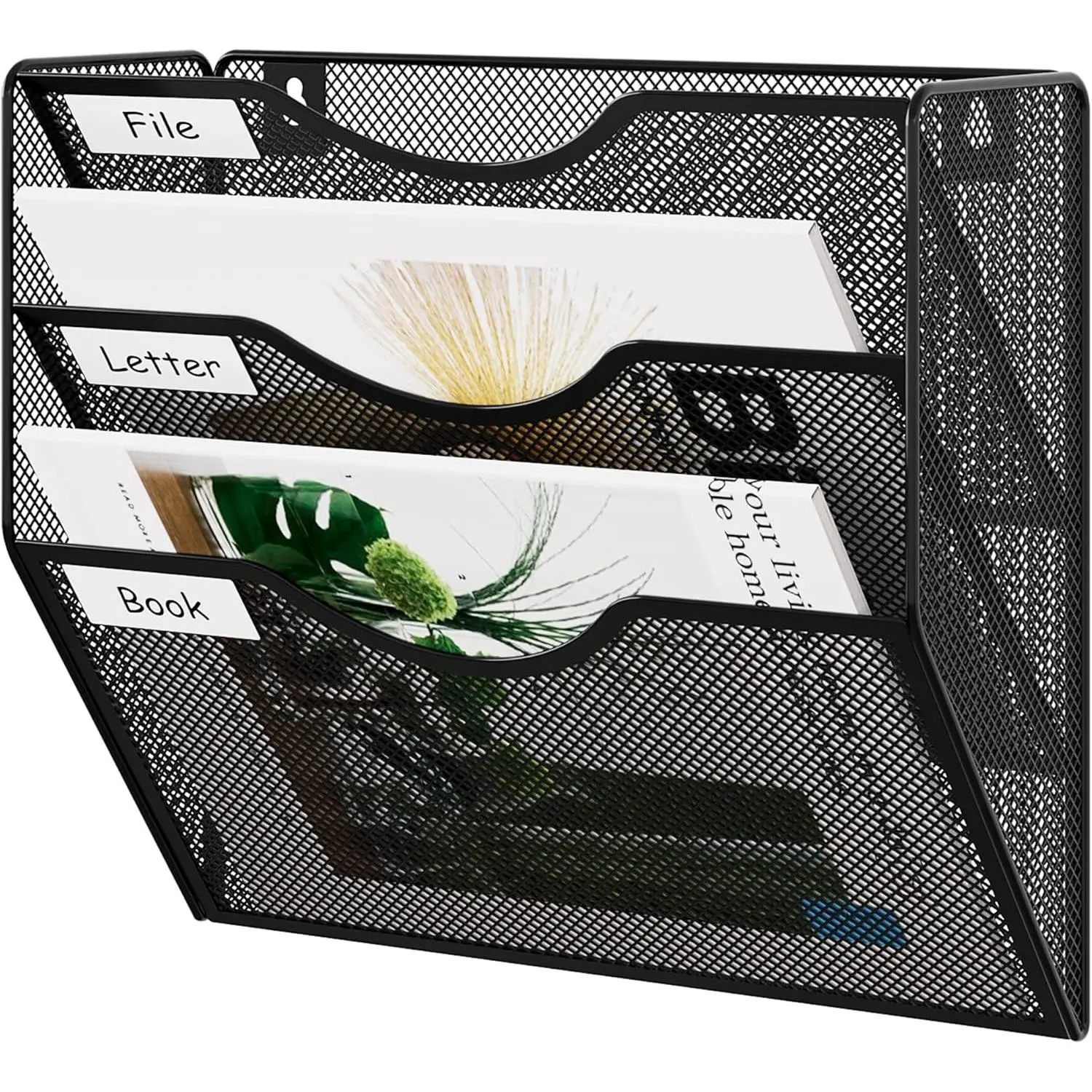 3 Pocket Mesh Wall File Organizer,  Paper Folder Holder with Classify Label, Vertical Wall Mount Mail Organizer for Office  Classroom, Black