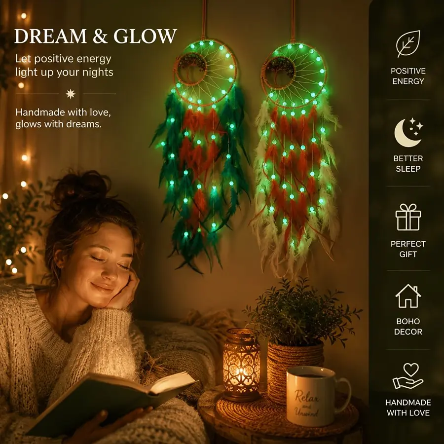 Luminous Tree of Life Hand-Woven Feather Hanging Decor, Perfect for Kids Room & Living Room, Unique Wall Art for Home Decoration