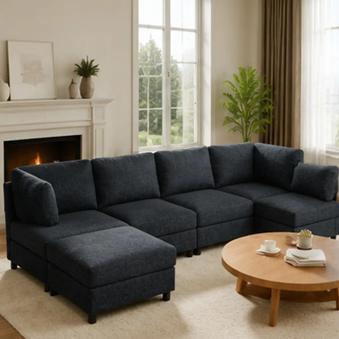 ARCH Modular Corner Sectional Sofa - 6-Seat L-Shaped Comfy Couch with Ottoman, Dark Grey Polyester Fabric, Sturdy Wood Frame, Foam Cushions, Armless Loose Back, Minimal Chic Scandinavian Mid-Century Modern Indoor Furniture (Dark Grey/Light Brown Options),