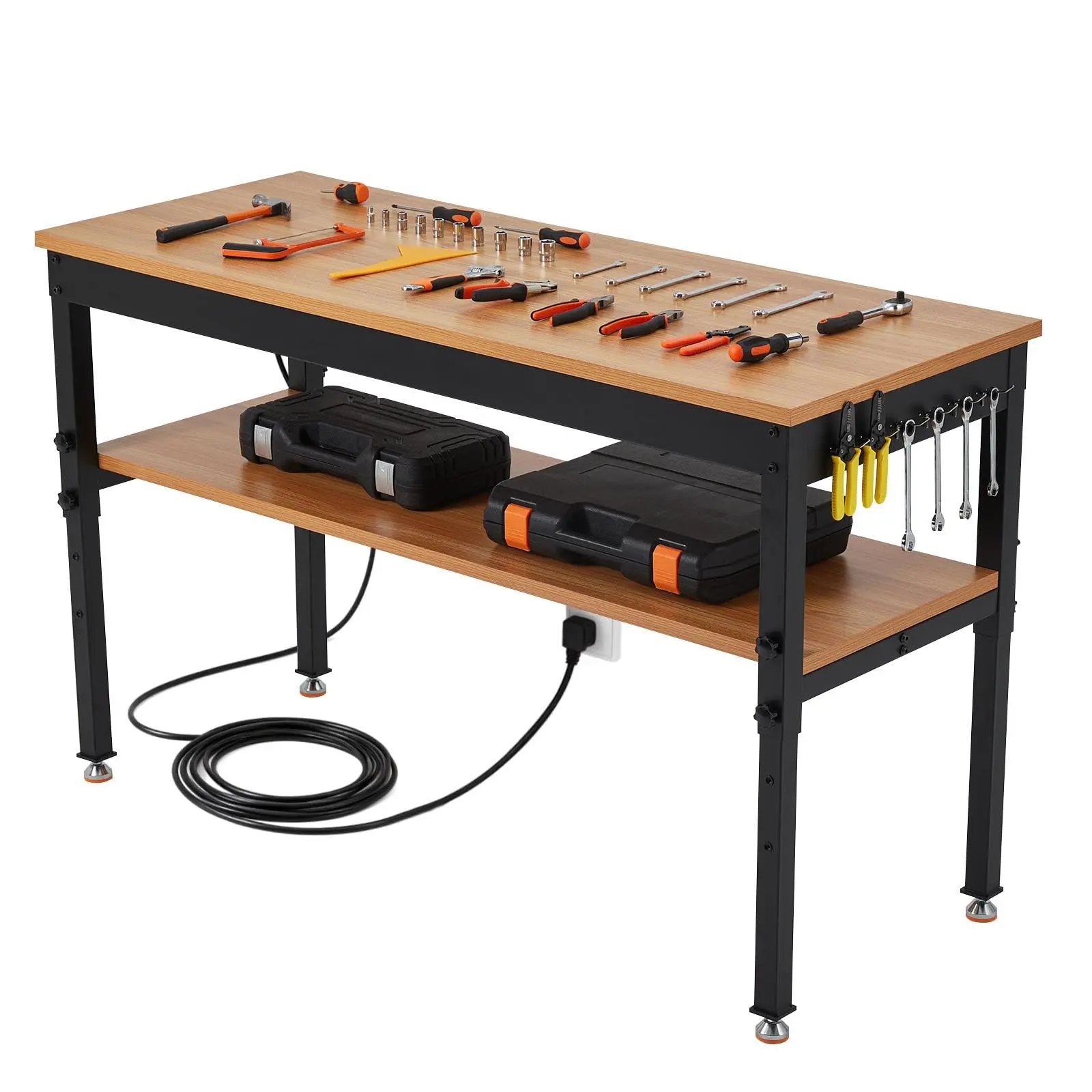 Garvee 60 in Heavy-Duty Adjustable Height Workbench, Carbon-Steel Frame Hardwood Top, ETL-Certified Power Strip, Storage Shelf, 2000/2500 LBS Load Capacity Multi-Purpose Tool Table for Garage, Workshop, Wooden