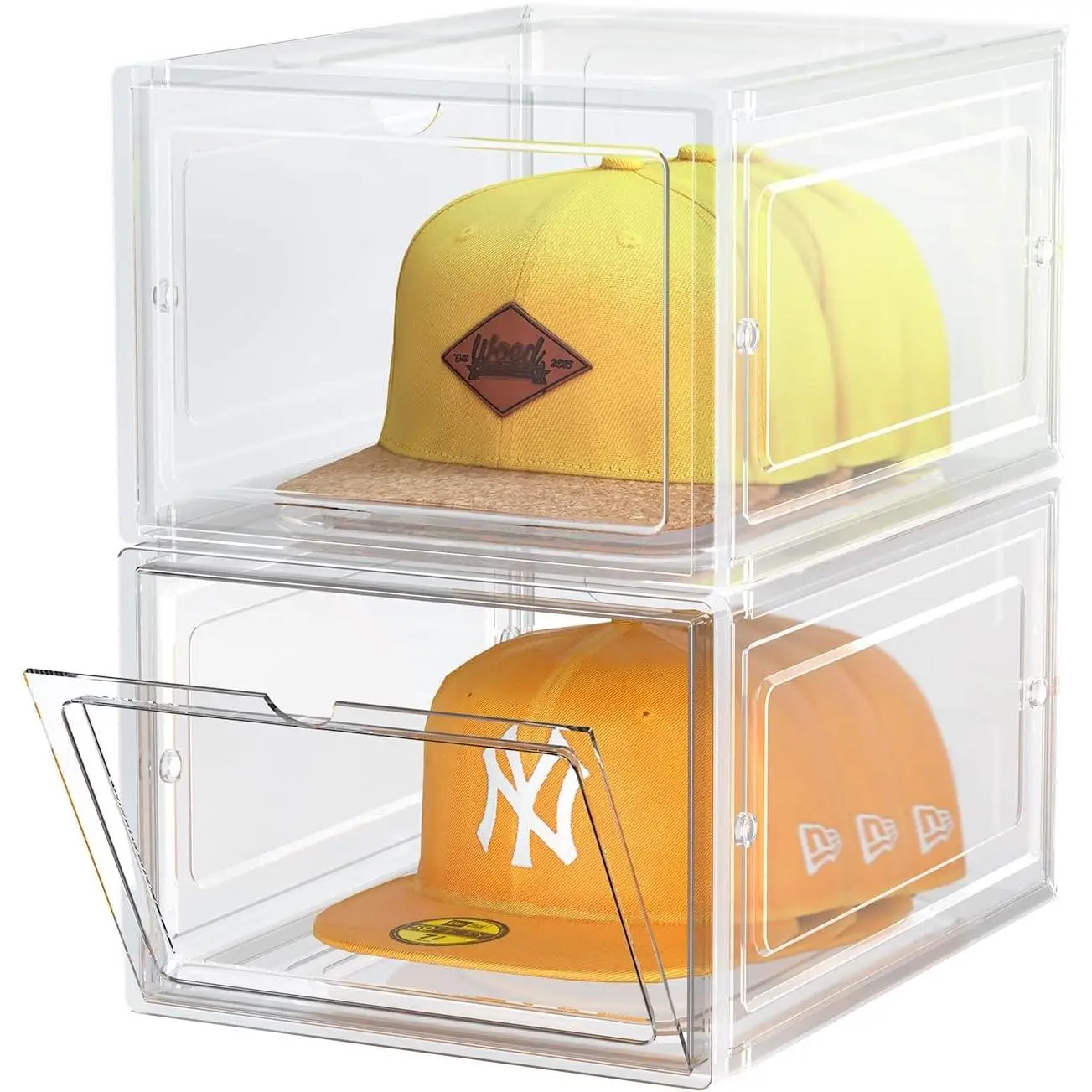 SCAVATA 2-Pack Plastic Hat Storage Organizer, Stackable Magnetic Door Box, Cap Holder & Display Case That Holds 8 Snapback Caps Each
