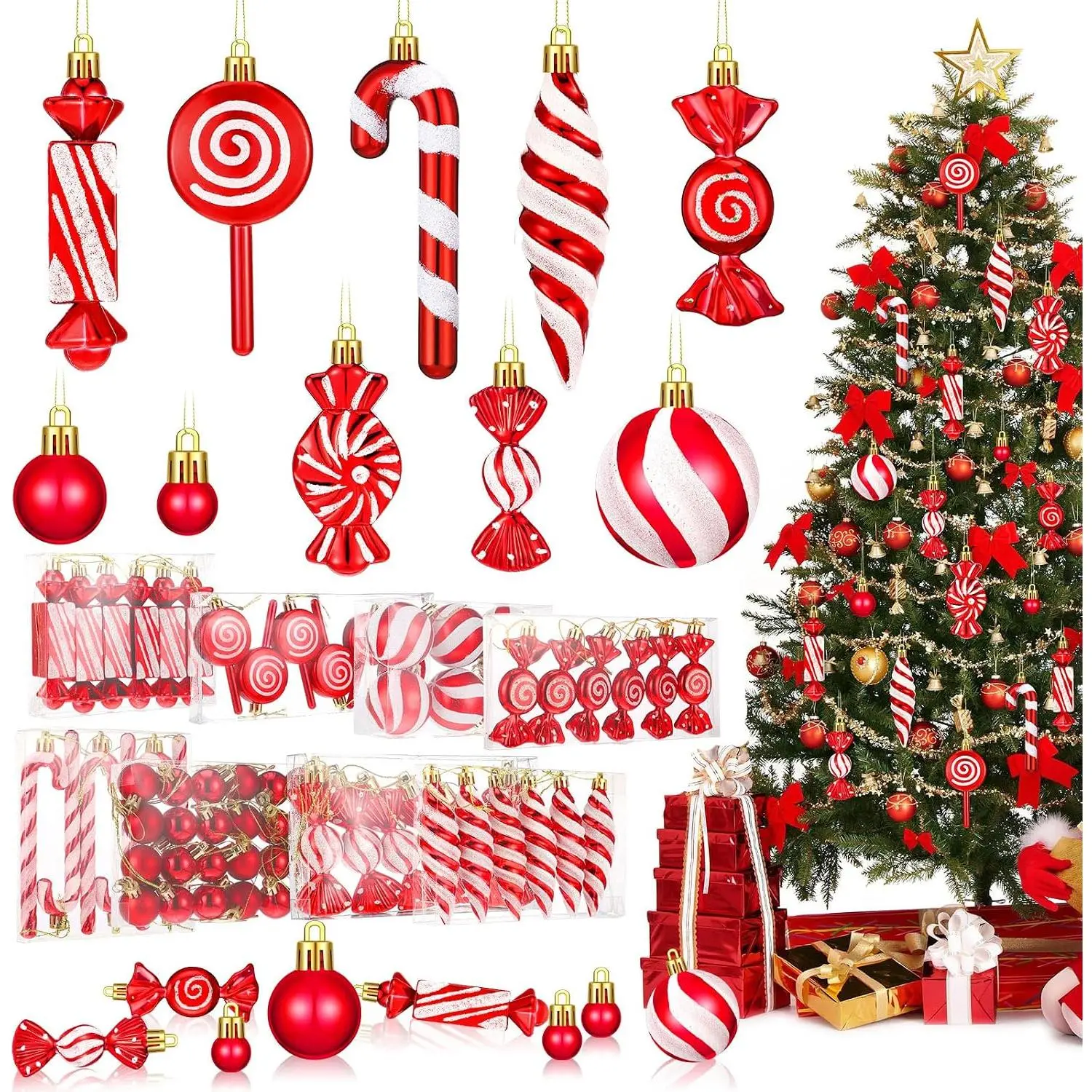 96 count Christmas Tree Ornaments Candy Ball Ornaments Bulk Red and White  Glitter Candy Cane Decorations Christmas Tree Peppermint Swirl  Decorations for Xmas Party Family Decor