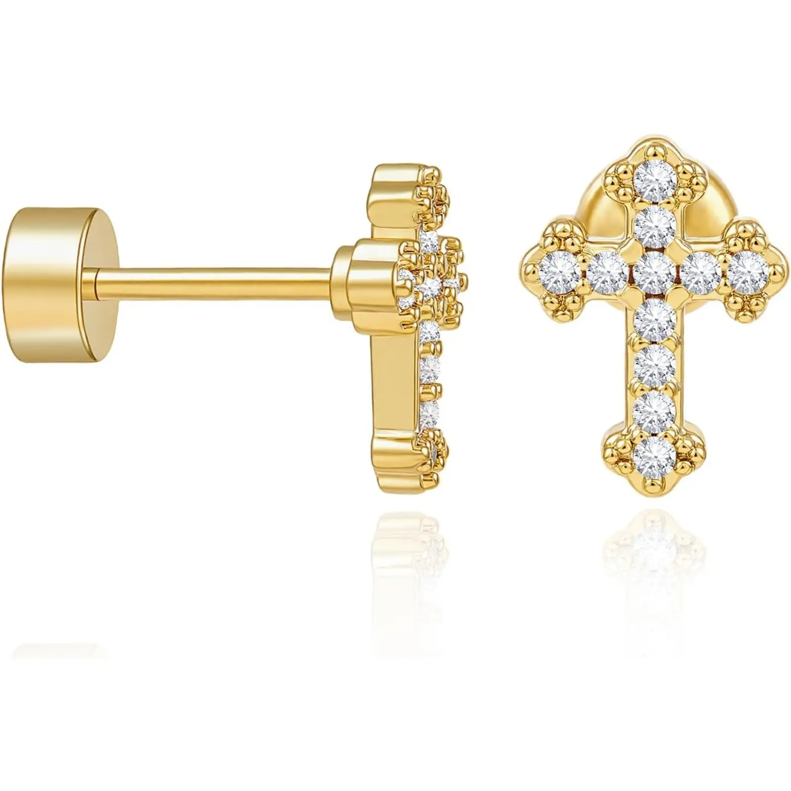Cicy Bell Womens Flat Back Stud Earrings 18K Gold Plated Hypoallergenic 316L G23 Surgical Titanium Steel CZ Stud Jewelry for Tragus Helix Cartilage Conch Piercing 20G