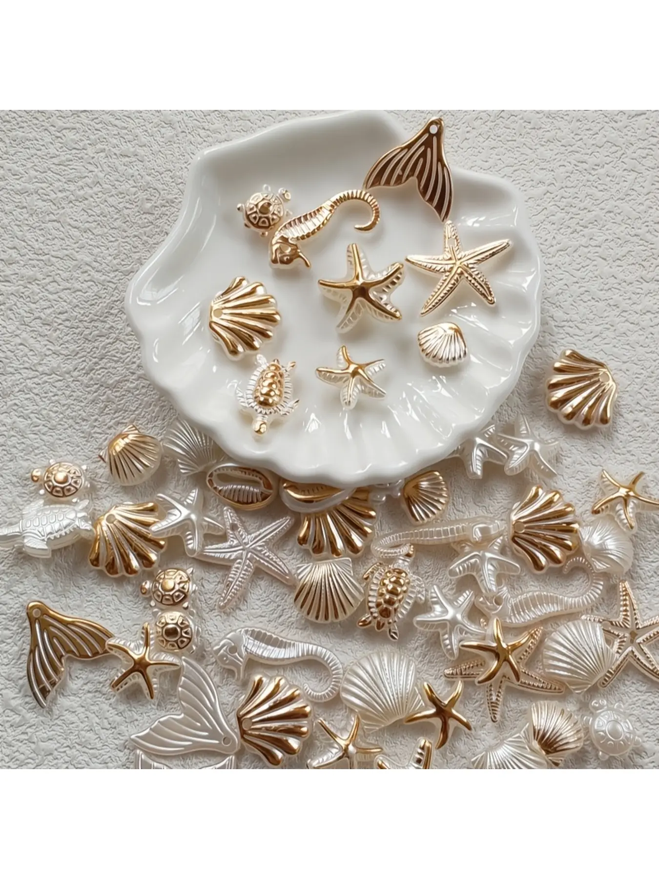 51-piece acrylic ocean-themed beads set, including a mix of starfish, seashells, seahorses, and mermaid tails, perfect for DIY jewelry making, bracelets, necklaces, keychains, and earrings